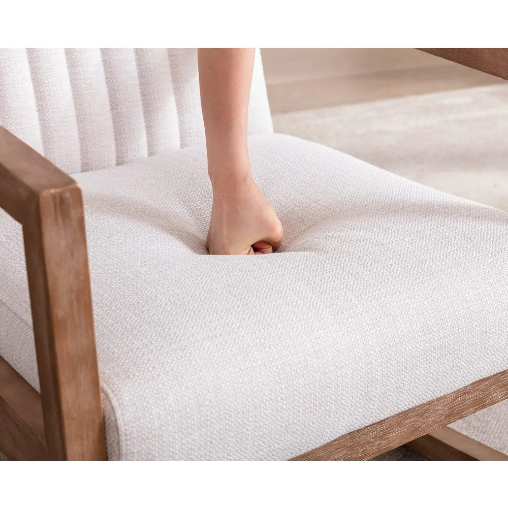 Belmont Collection | Sculptural Brass-Accented Linen Rocker - demonstrating proportional harmony within the collection in a Mid-Century Modern living room setting.