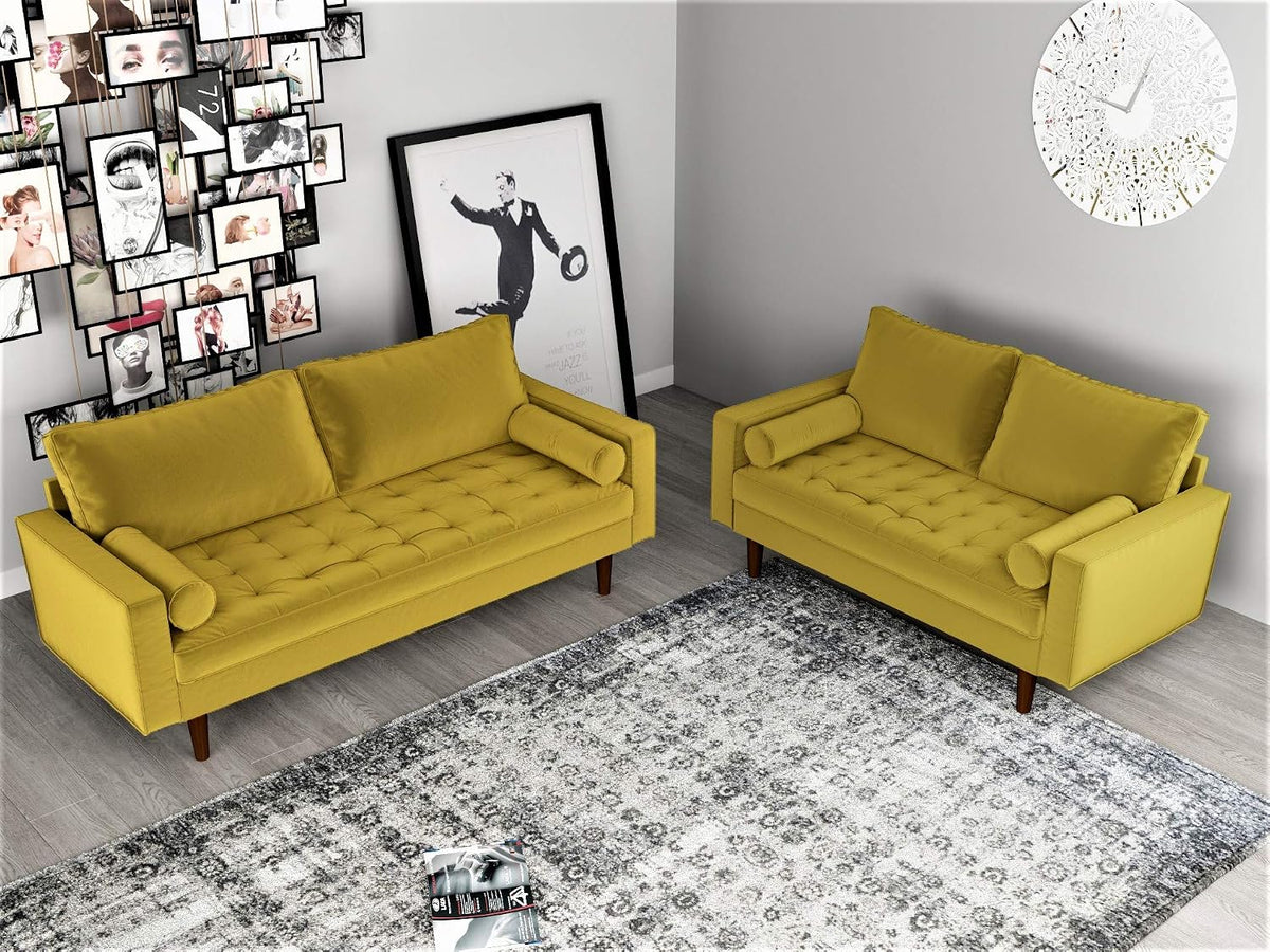 Womble Mid Century Modern Velvet Upholstered Tufted Seat with Bolster Pillows, Loveseat, Sofa, Goldenrod
