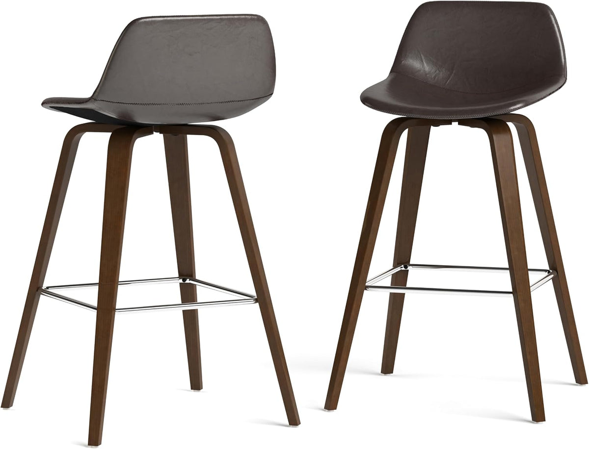 SIMPLIHOME Raya 24" Seat Height Vegan Leather Counter Stool (Set of 2) | Aqua Blue, Mid-Century Counter Stools with Curved Backrest and Footrest; Upholstered Kitchen or Bar Seating.