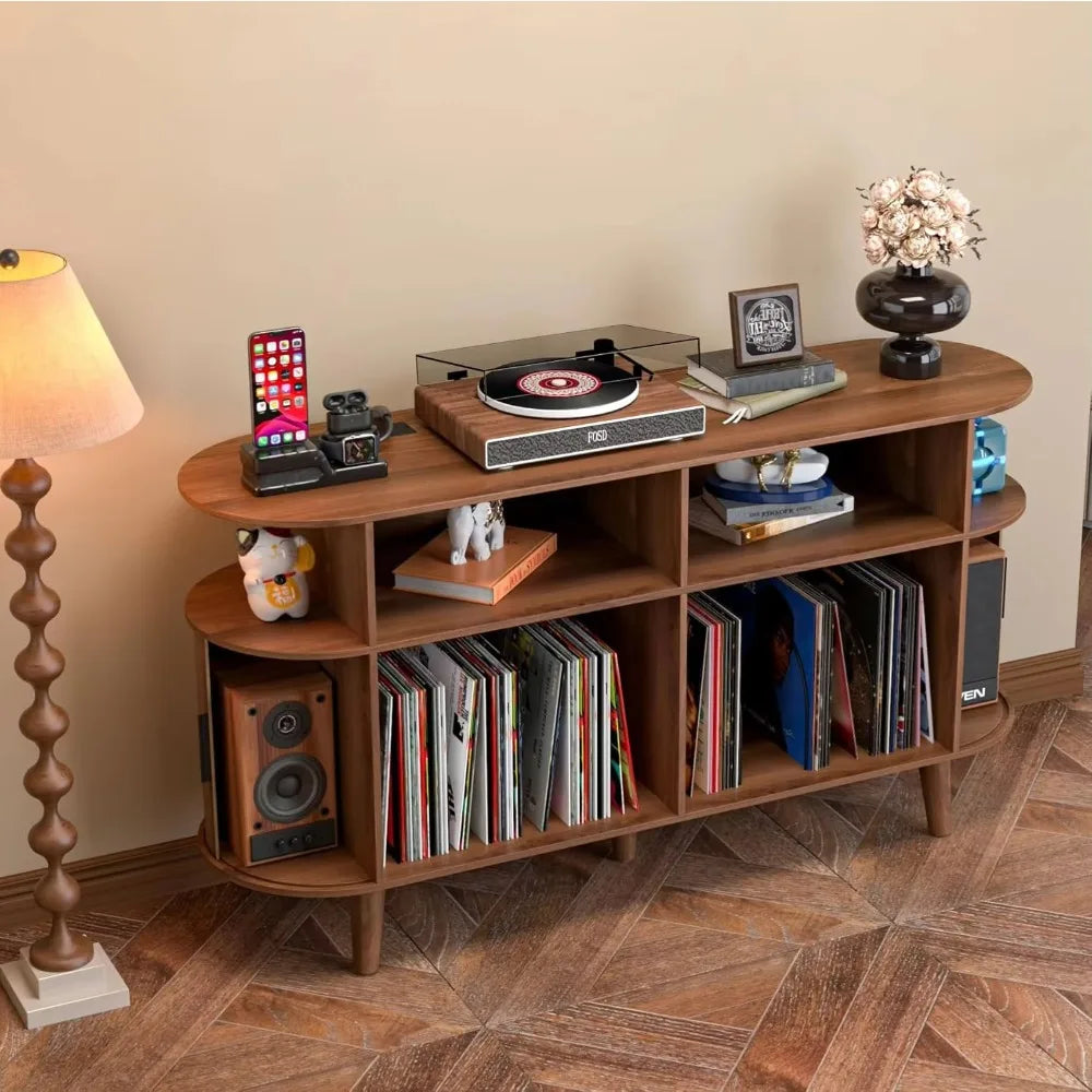 Ellington Collection | Gold-Trimmed Atomic-Era Walnut Record Console - revealing tonal warmth and surface patina under ambient light in a Mid-Century Modern entryway setting.