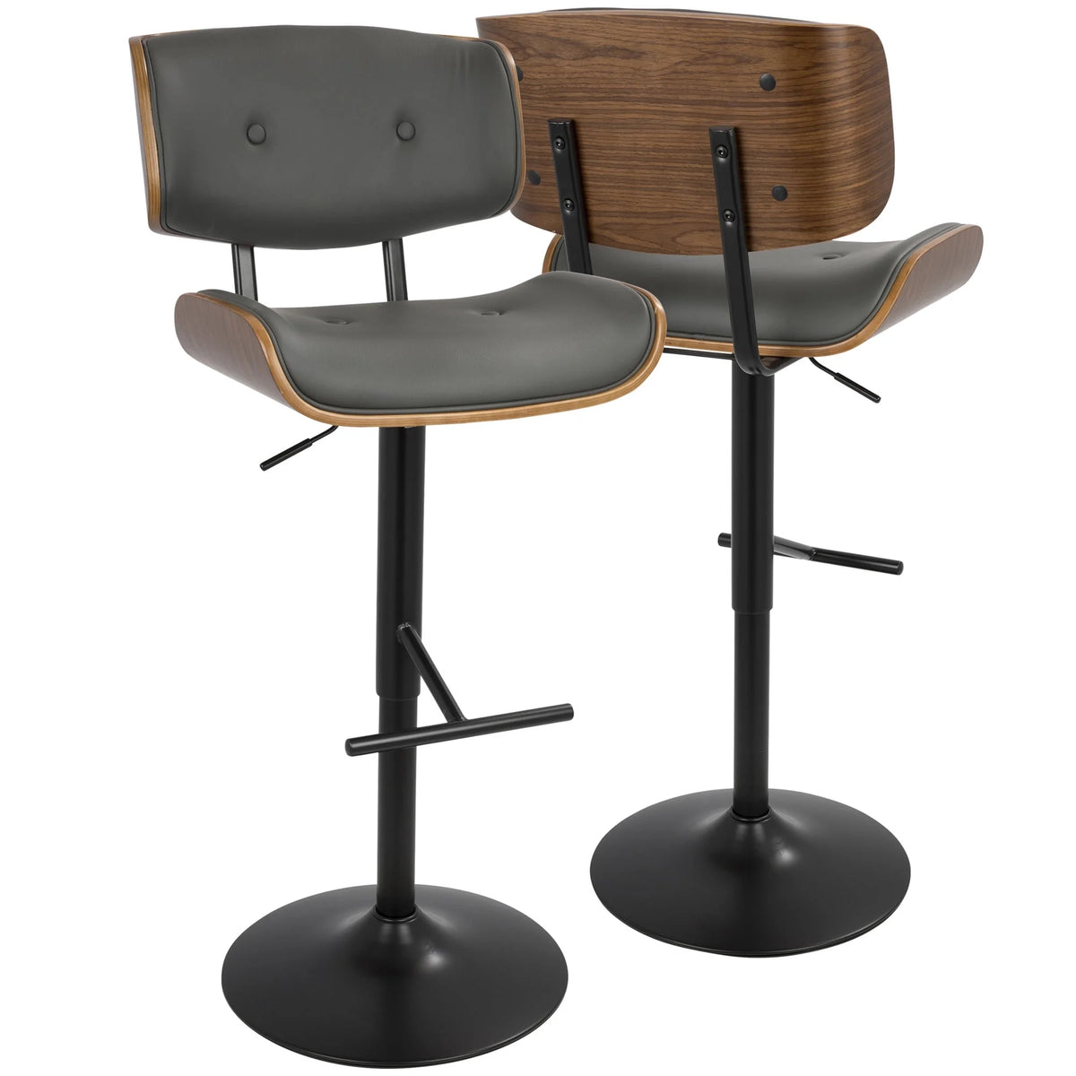 Lombardi Mid-Century Modern Adjustable Barstool in Walnut with Grey Faux Leather by