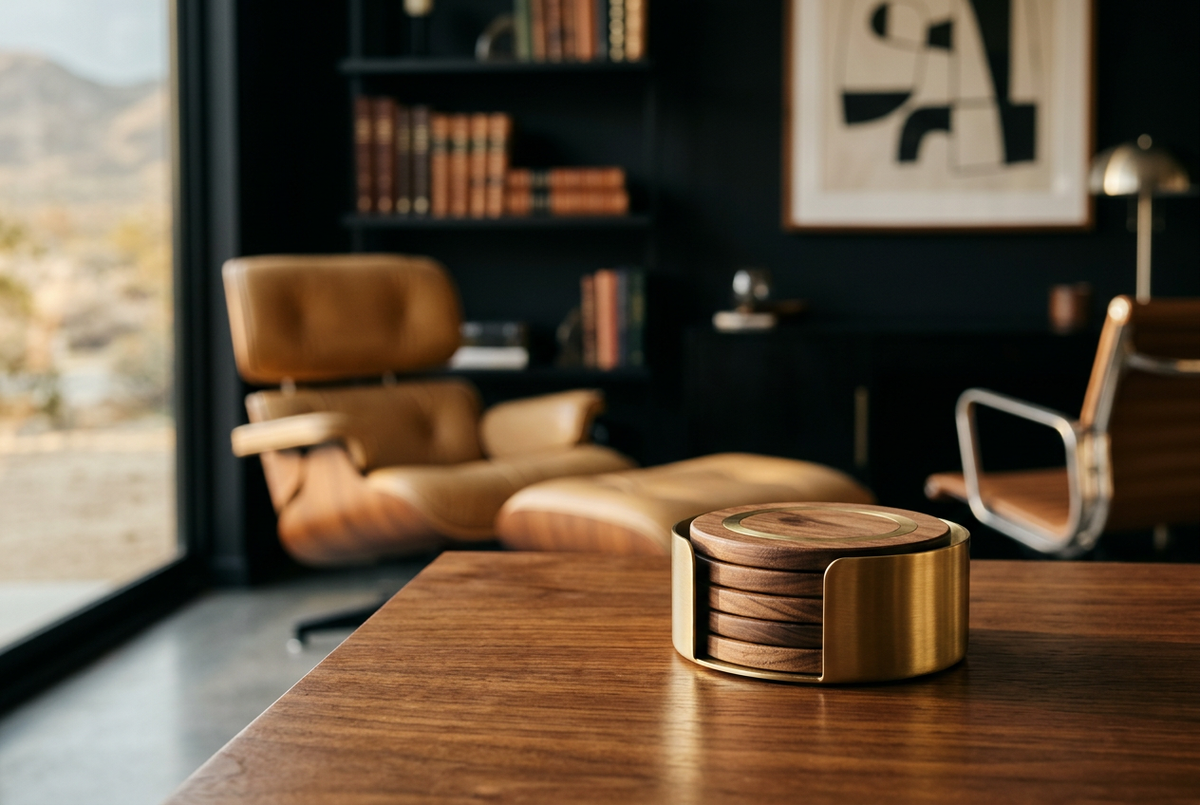 Walnut Wood Coaster Set with Brass Holder | Timber Stack