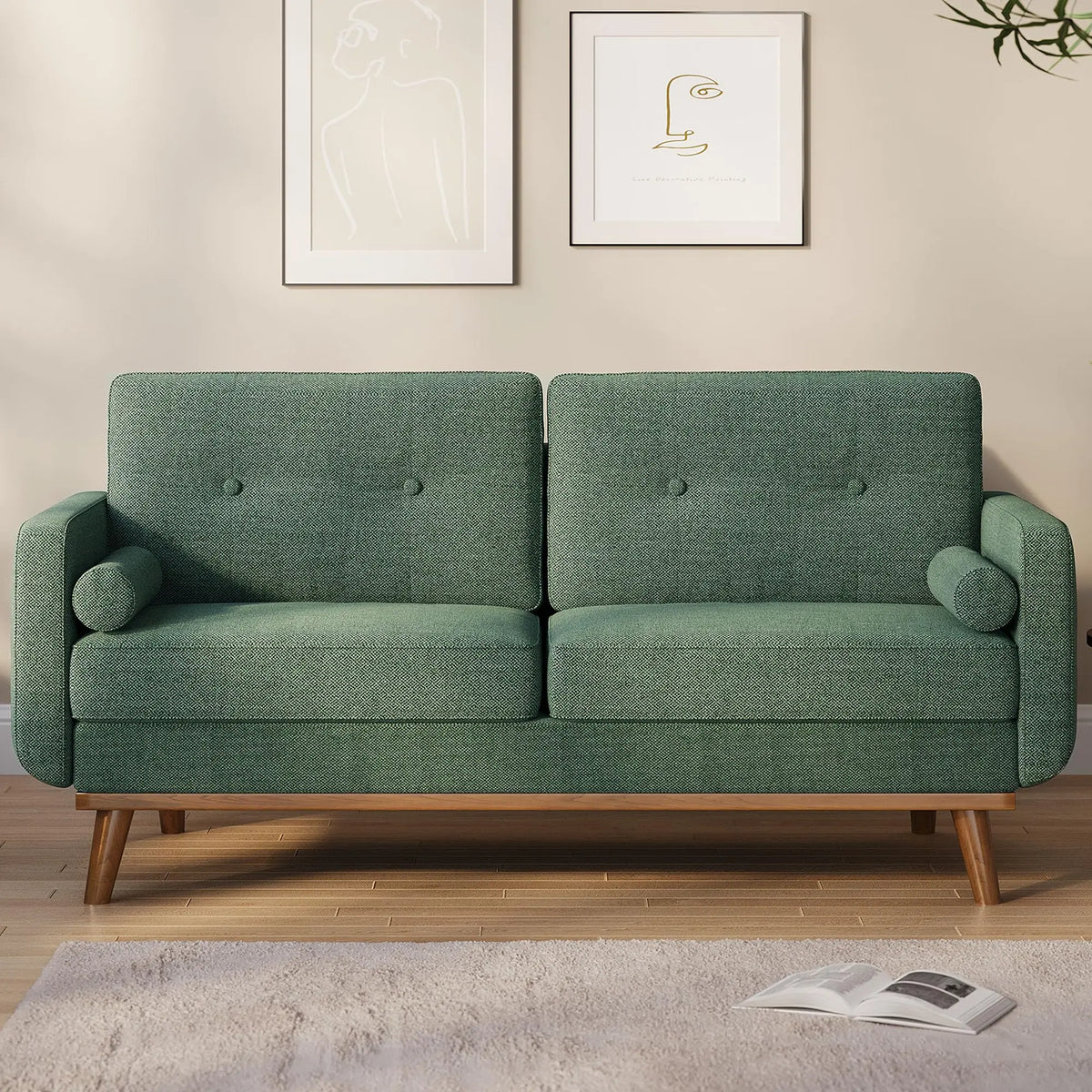 Ellington Collection | Leather-Wrapped Walnut Loveseat - presented at scale within a designed interior in a Mid-Century Modern living room setting.