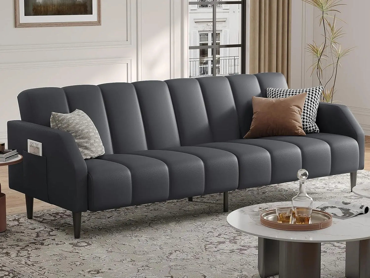 Belmont Collection | Streamlined Leather-Wrapped Convertible in Luxe Faux Leather - detail view 15 revealing design nuance in a Mid-Century Modern living room setting.