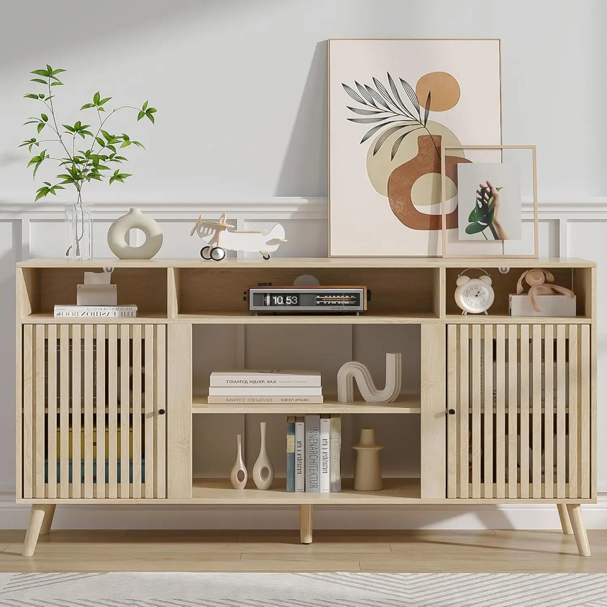 Dresden Collection | Fluted California Fluted Walnut Media Console - featuring close-up joinery and artisanal finish quality in a Mid-Century Modern entryway setting.