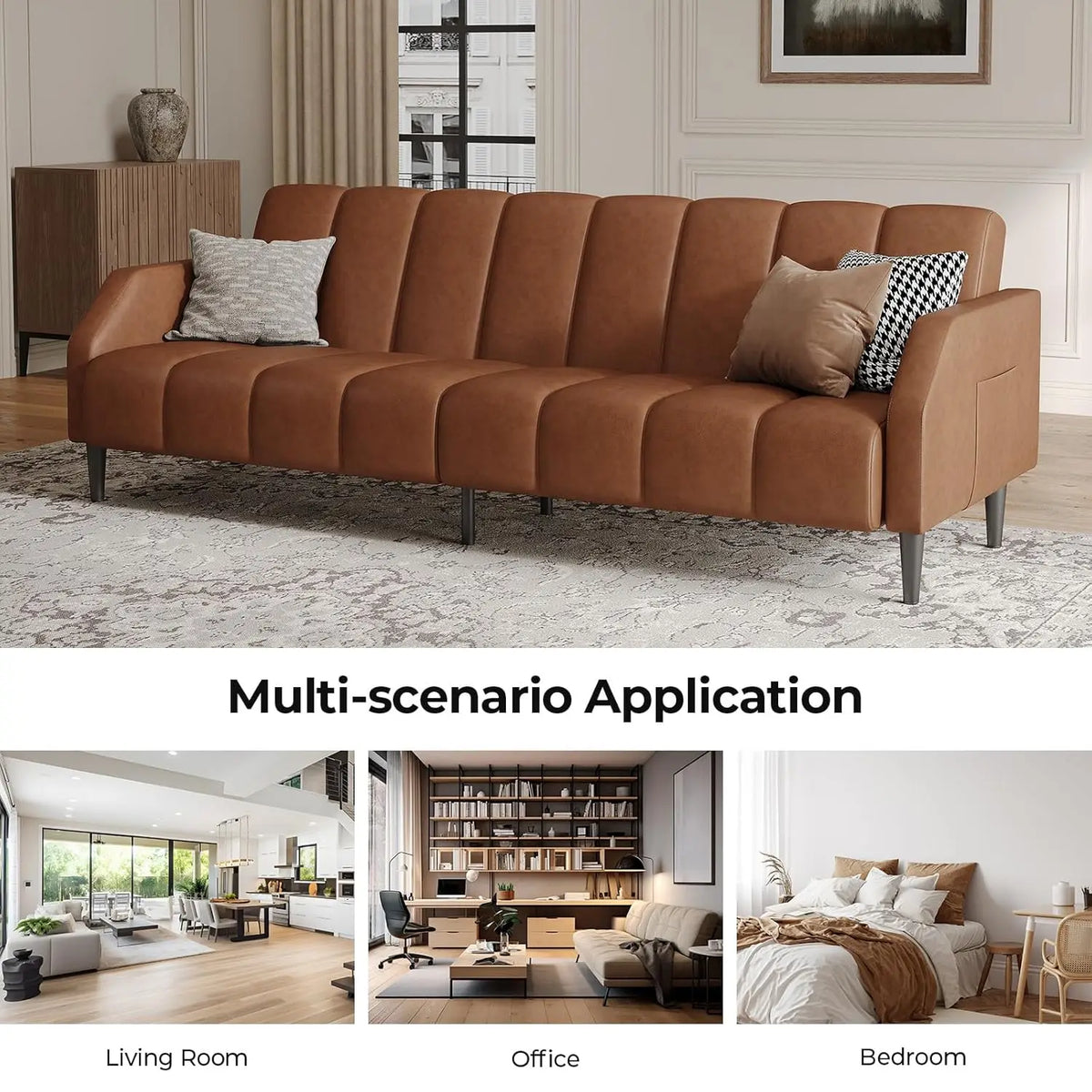 Belmont Collection | Streamlined Leather-Wrapped Convertible in Luxe Faux Leather - exhibiting shadow play and geometric silhouette detail in a Mid-Century Modern living room setting.