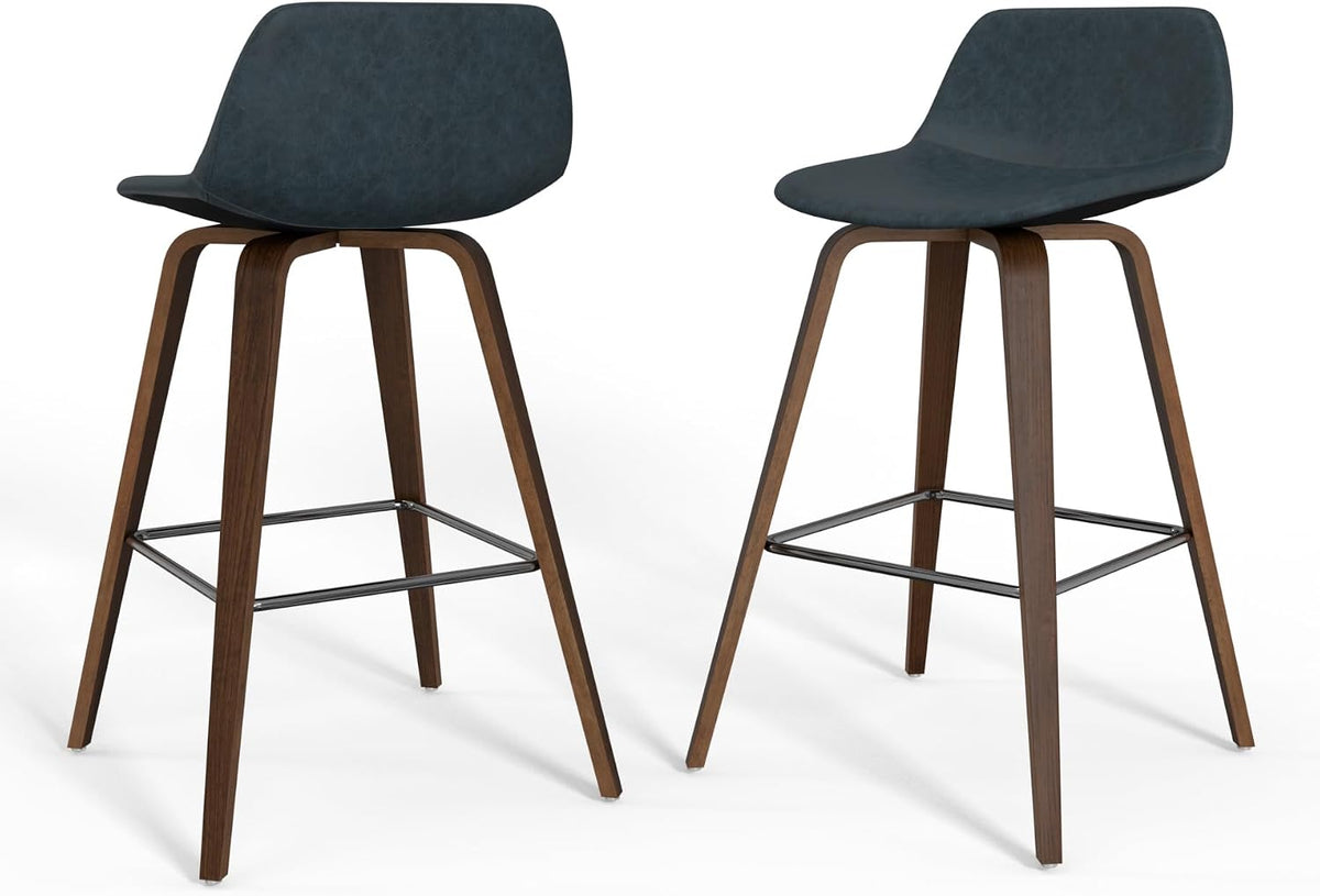 SIMPLIHOME Raya 24" Seat Height Vegan Leather Counter Stool (Set of 2) | Aqua Blue, Mid-Century Counter Stools with Curved Backrest and Footrest; Upholstered Kitchen or Bar Seating.