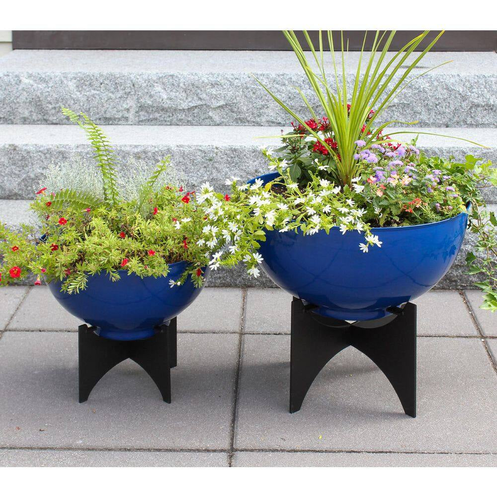 16In.W X 13.75In.H, round French Blue Galvanized Steel Planter Bowl W/Black Wrought Iron Plant Stand, Indoor Outdoor Use
