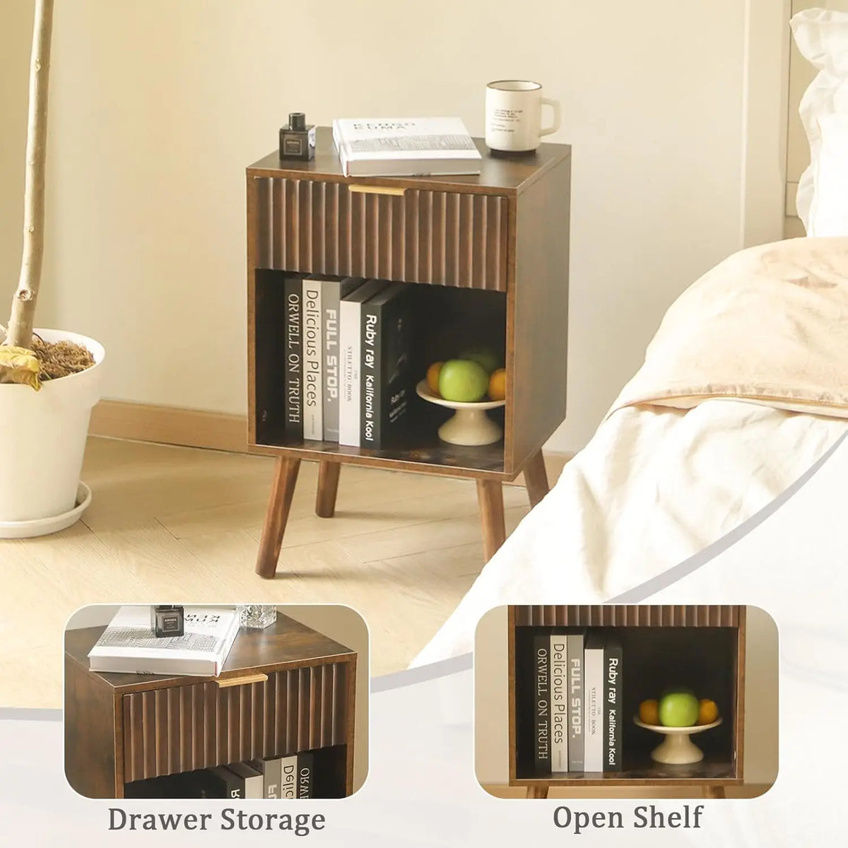 Dresden Collection | Nordic Fluted Walnut Nightstand - captured in a curated lifestyle vignette in a Mid-Century Modern bedroom setting.