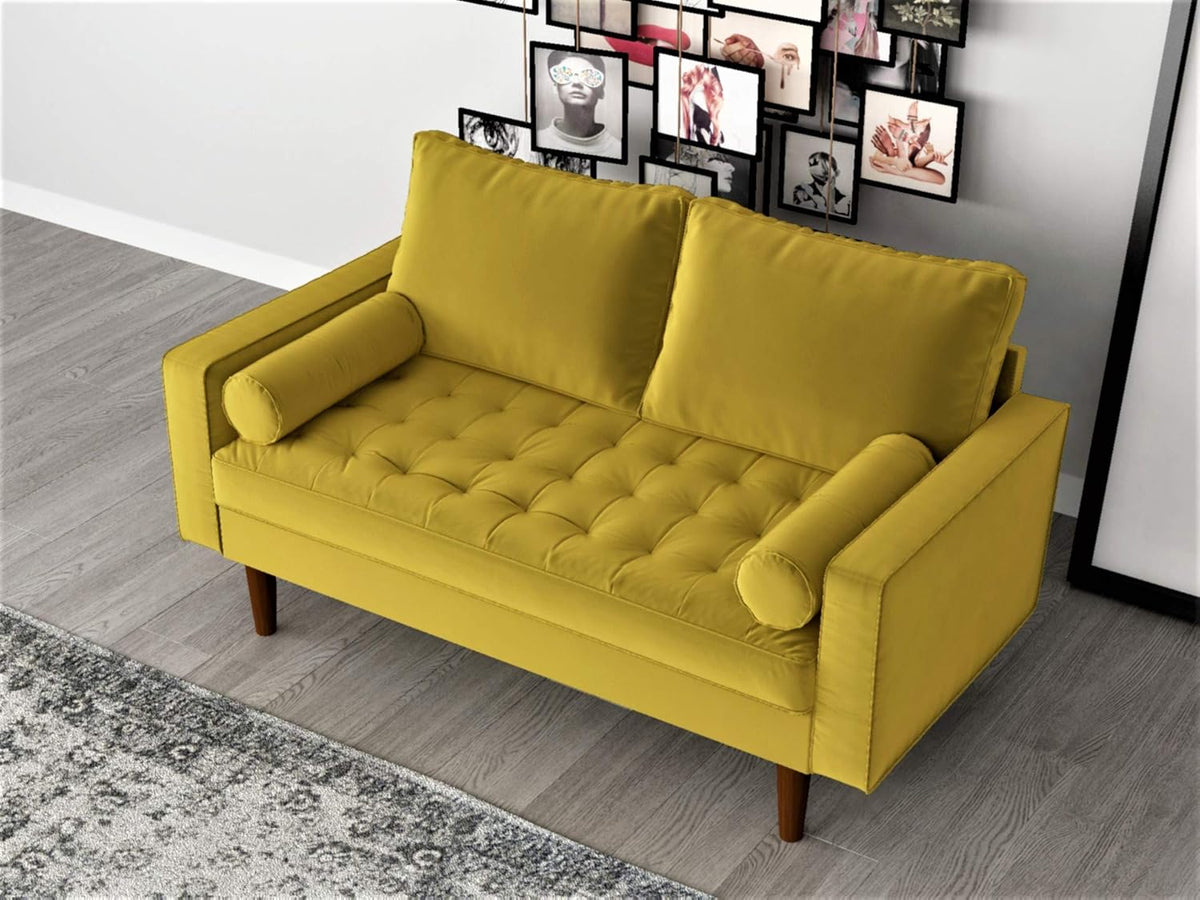 Womble Mid Century Modern Velvet Upholstered Tufted Seat with Bolster Pillows, Loveseat, Sofa, Goldenrod
