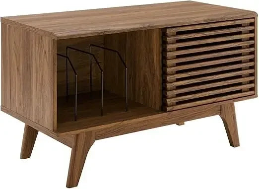 Dresden Collection | Sculptural Atomic-Era Walnut Record Stand - framed in an editorial still-life composition in a Mid-Century Modern living room setting.