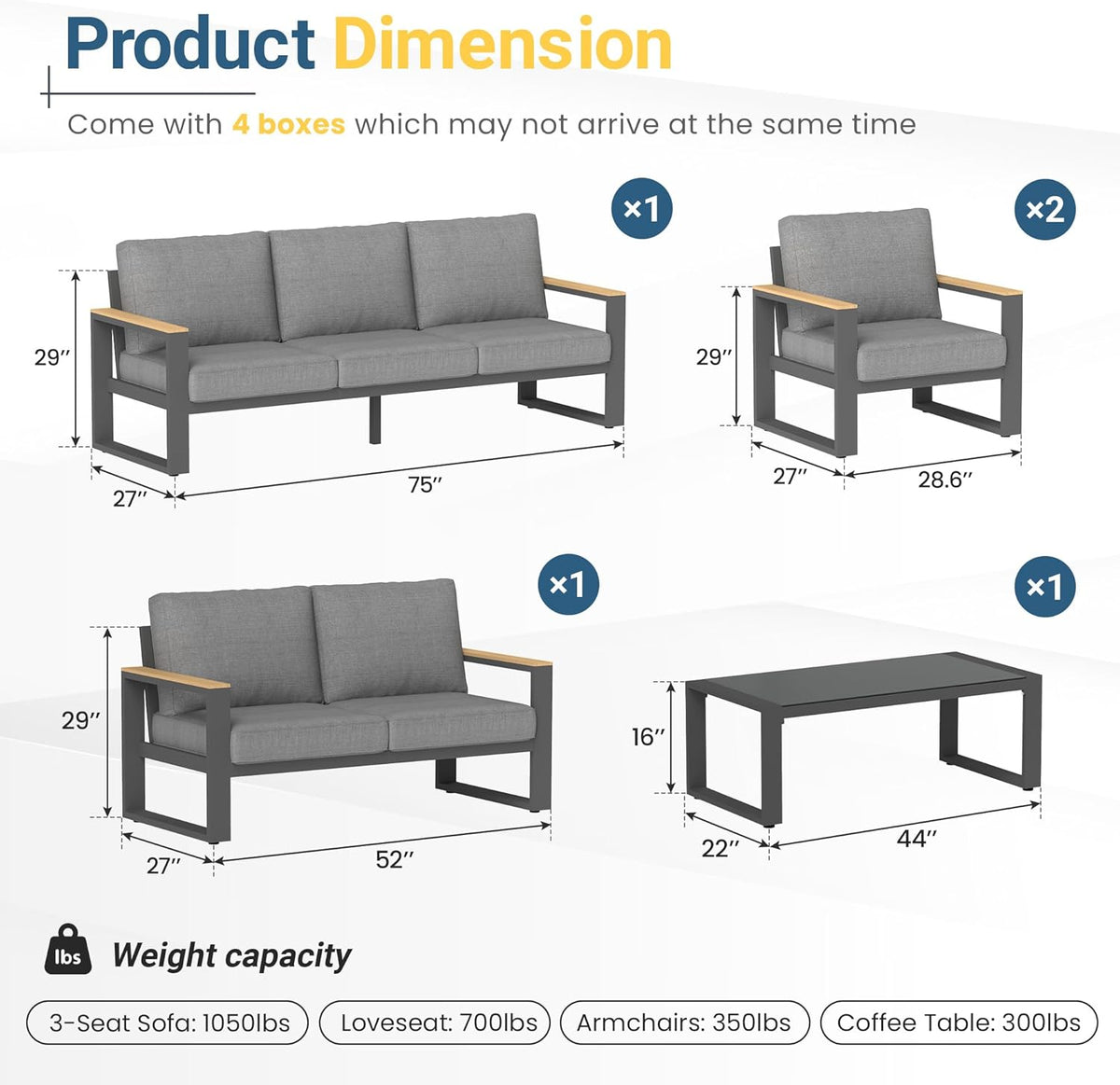Aluminum Outdoor Patio Furniture Set 7 Seater, Modern Outdoor Conversation Sets with Glass Coffee Table, Metal Outdoor Furniture for Porch Backyard Garden Pool, Grey