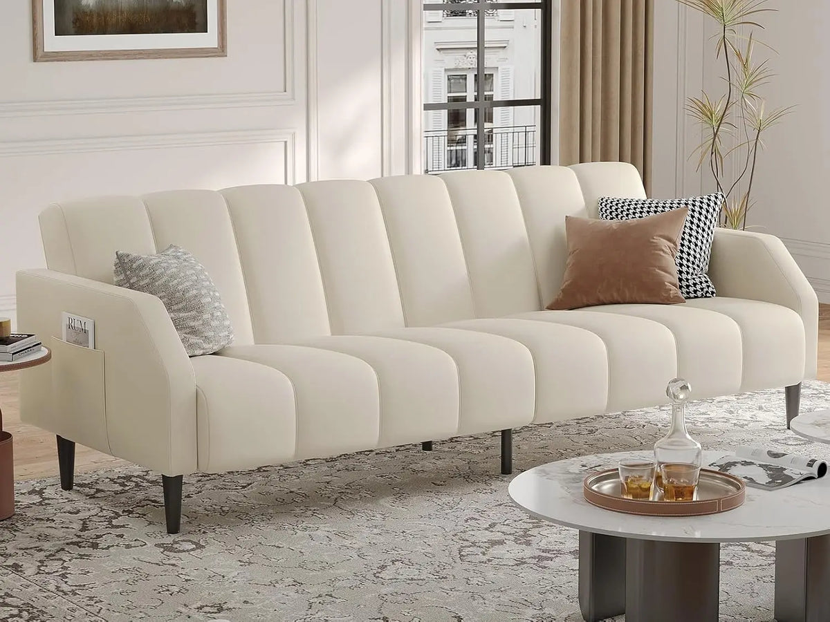 Belmont Collection | Streamlined Leather-Wrapped Convertible in Luxe Faux Leather - detail view 14 revealing design nuance in a Mid-Century Modern living room setting.