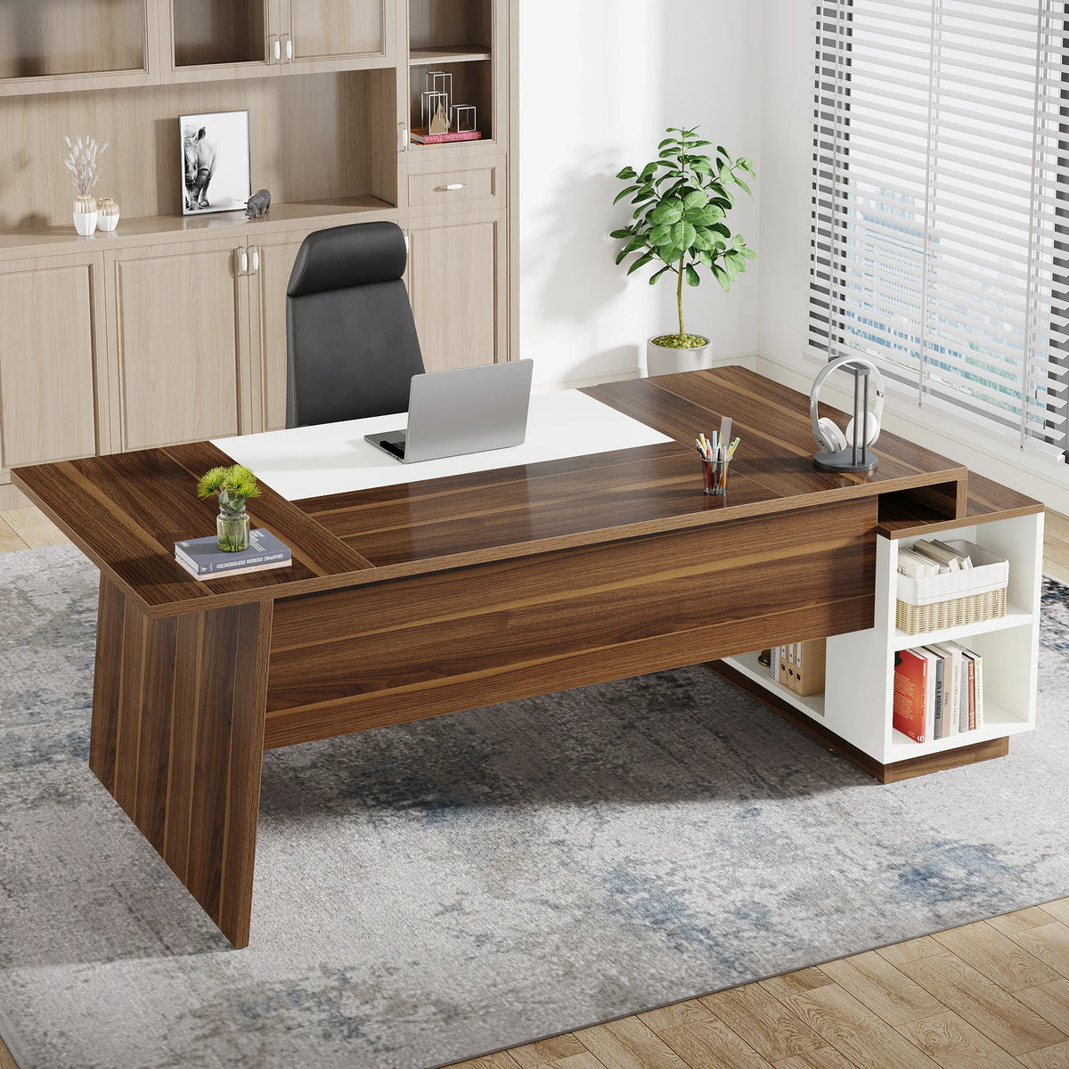Dresden Collection | Petite Floating Walnut Executive Desk - demonstrating proportional harmony within the collection in a Mid-Century Modern home office setting.