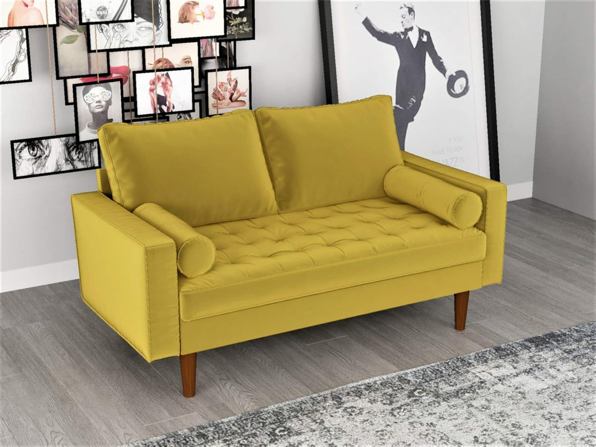 Womble Mid Century Modern Velvet Upholstered Tufted Seat with Bolster Pillows, Loveseat, Sofa, Goldenrod