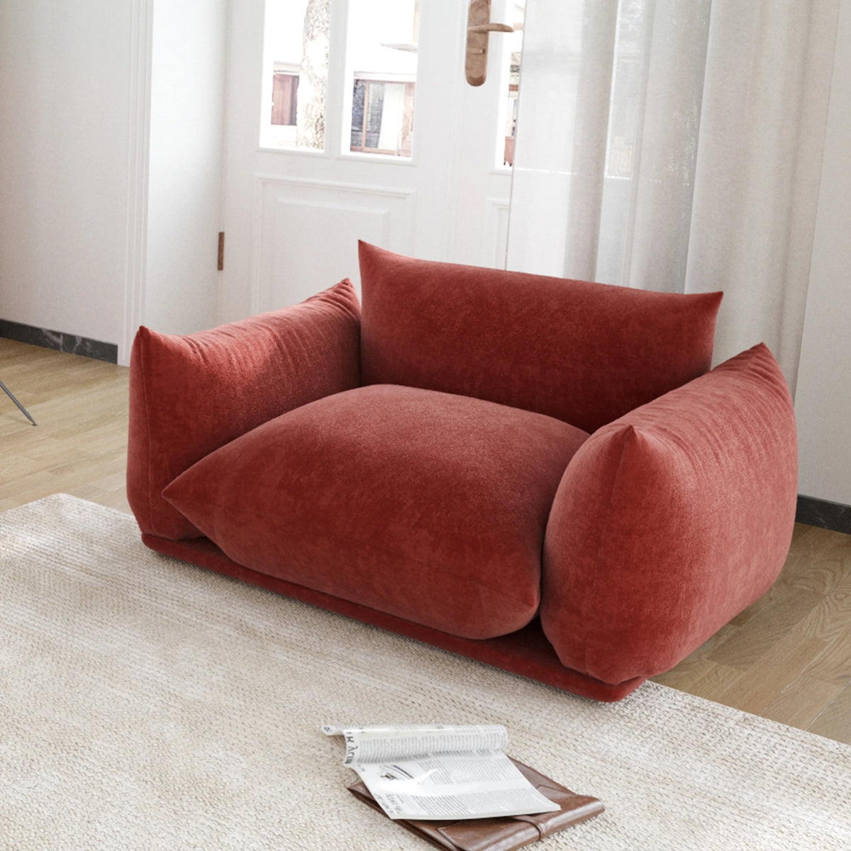 Valencia Collection | Gold-Trimmed Atomic-Era Chenille Accent Chair - demonstrating proportional harmony within the collection in a Mid-Century Modern living room setting.