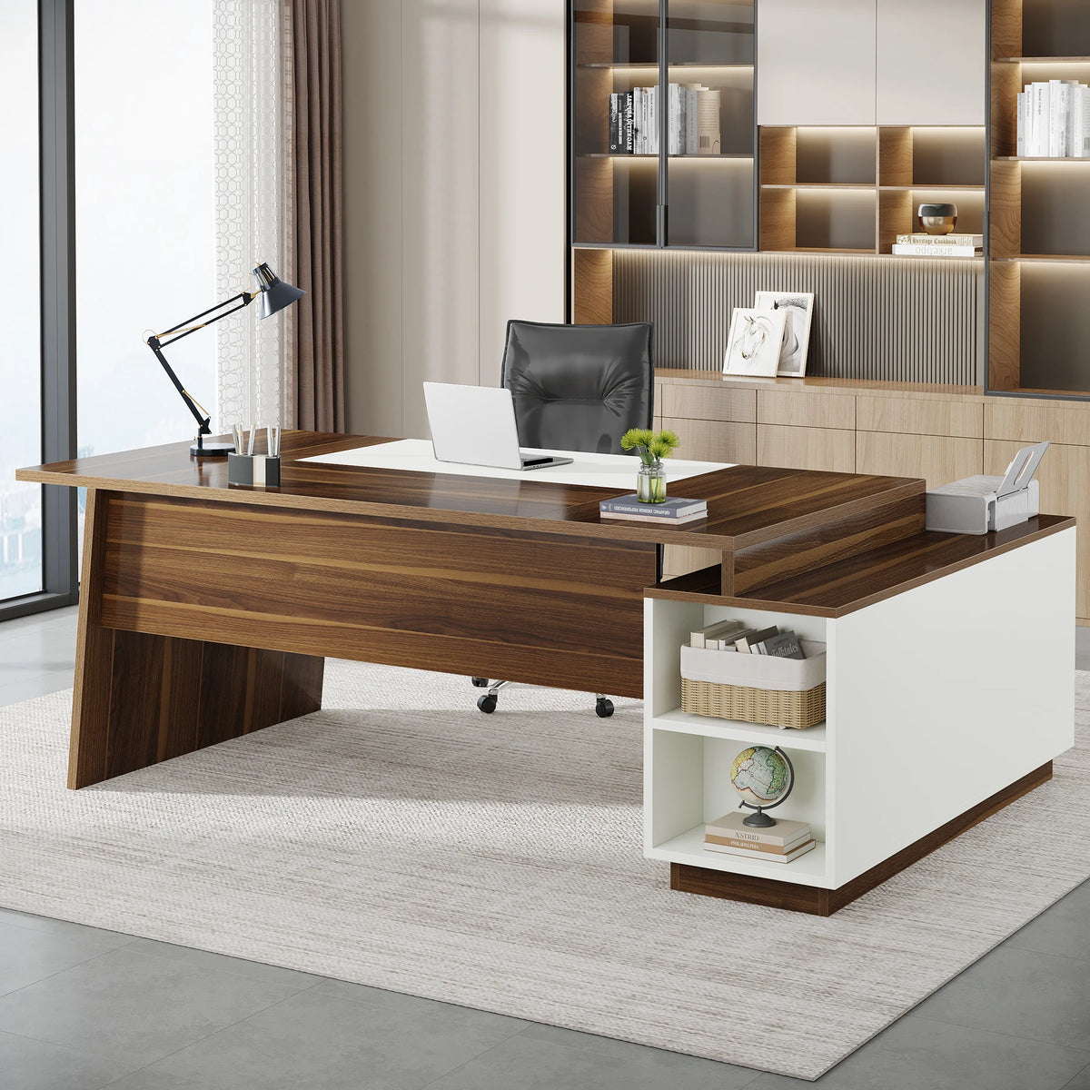 Dresden Collection | Petite Floating Walnut Executive Desk - showcasing full sculptural form and curated finish in a Mid-Century Modern home office setting.