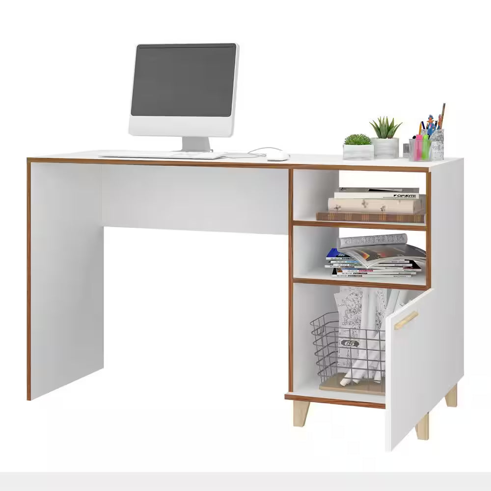 Minetta 53.14 In. Mid-Century Modern Rectangular White and Gold Composite Wood Office Desk with 2-Shelves