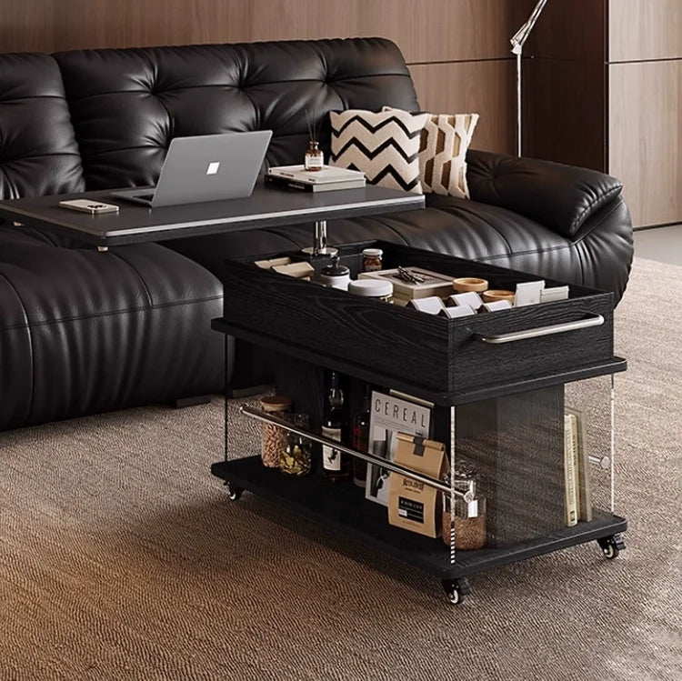 Ellington Collection | Geometric Chrome-Detailed Walnut Adjustable Table - highlighting material texture and craftsmanship detail in a Mid-Century Modern living room setting.