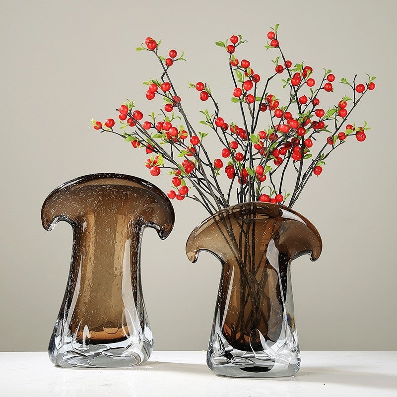 Cordova Collection | Sculptural Glass-Topped Amber Glass Hydroponic Vessel - captured in a curated lifestyle vignette in a Mid-Century Modern living room setting.