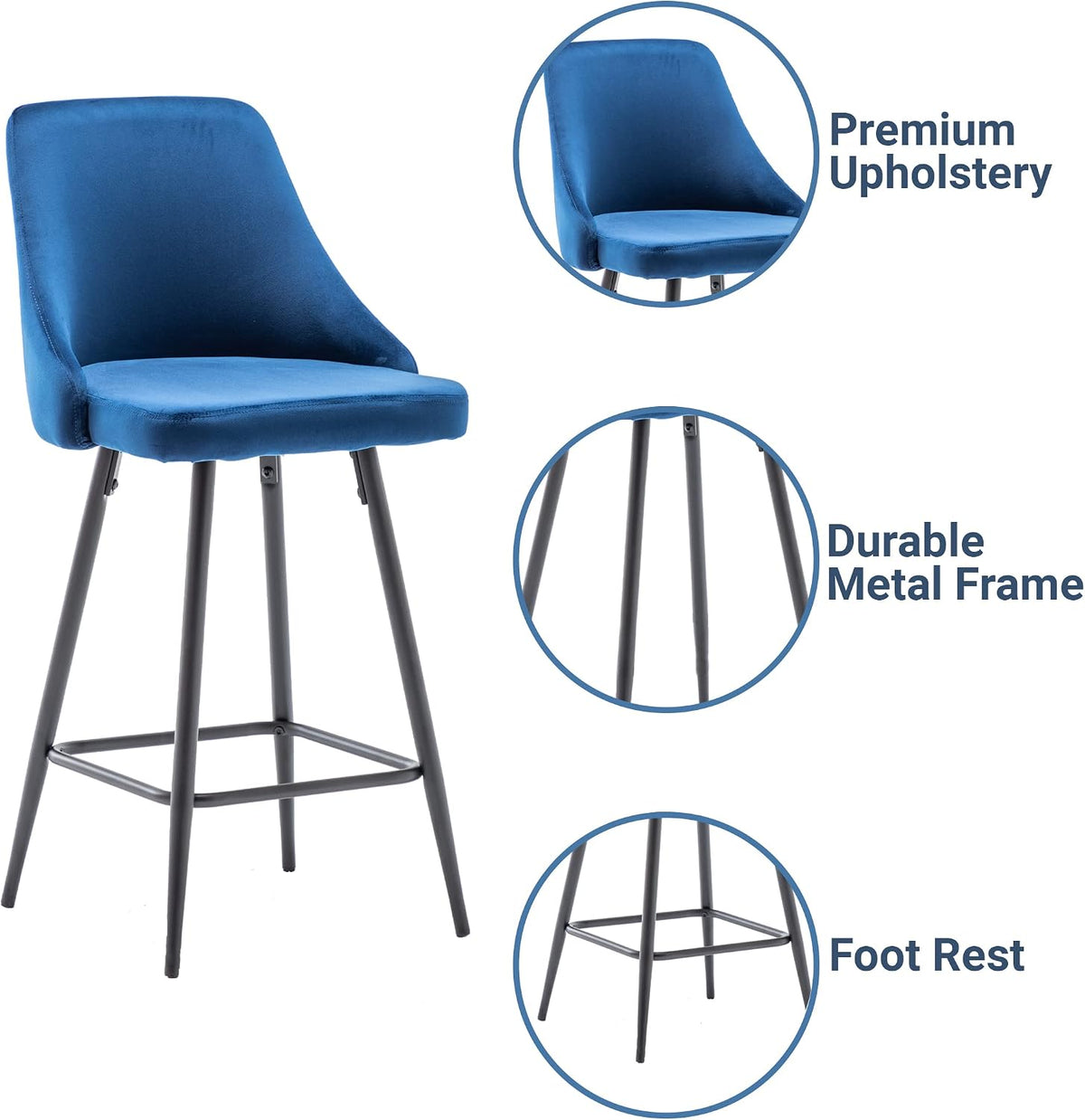 Set of 2,Premium Upholstered Dining 25" Seat Height, High Back Count Stool Bar Chairs, Pack Blue Velvet Barstools
