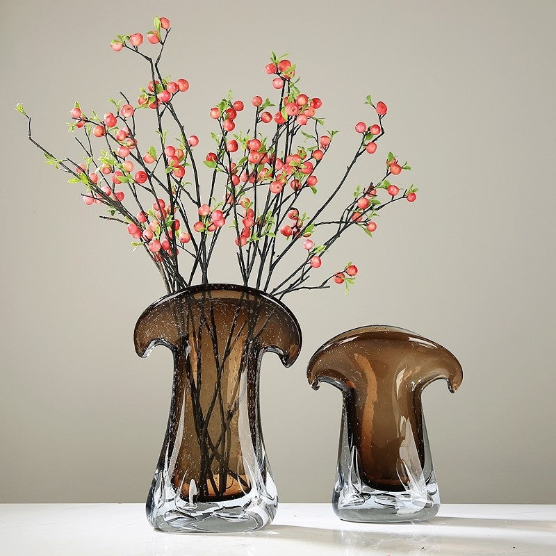 Cordova Collection | Sculptural Glass-Topped Amber Glass Hydroponic Vessel - styled from an alternate angle revealing dimensional depth in a Mid-Century Modern living room setting.