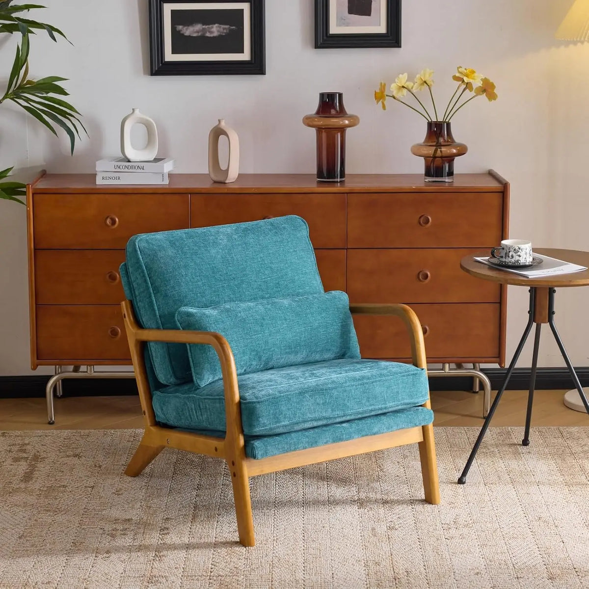 Valencia Collection | Sculptural Desert-Modern Chenille Accent Chair - demonstrating proportional harmony within the collection in a Mid-Century Modern living room setting.