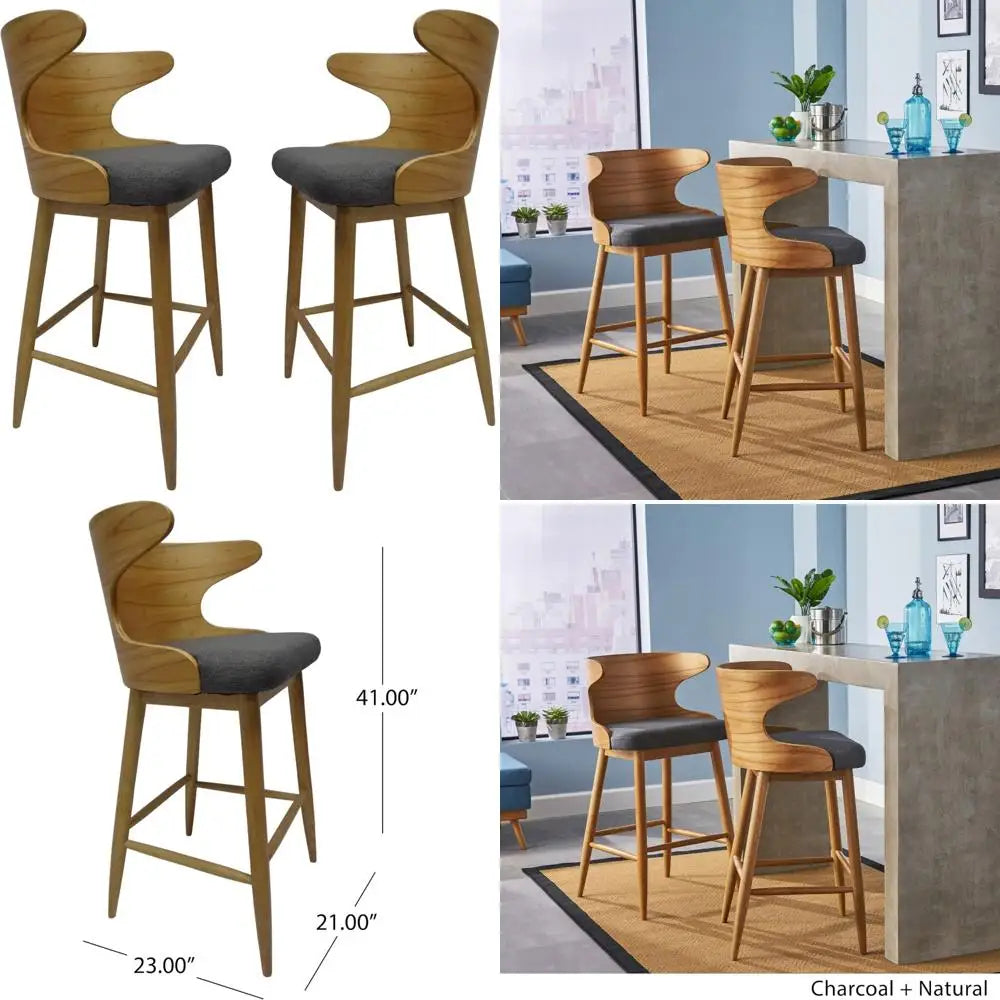 Meridian Collection | Steel-Framed Atomic-Era Charcoal & Steel Barstool Set - revealing tonal warmth and surface patina under ambient light in a Mid-Century Modern dining room setting.