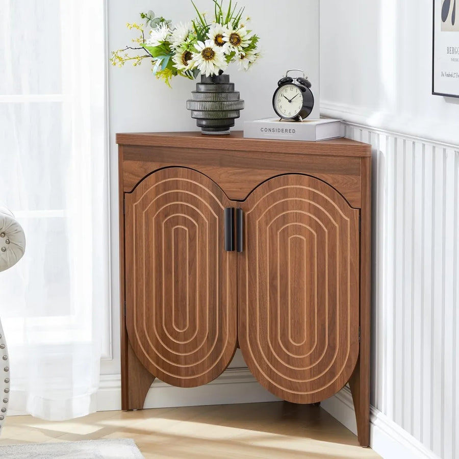 Dresden Collection | Tapered-Leg Curved Walnut Corner Cabinet - showcasing full sculptural form and curated finish in a Mid-Century Modern living room setting.