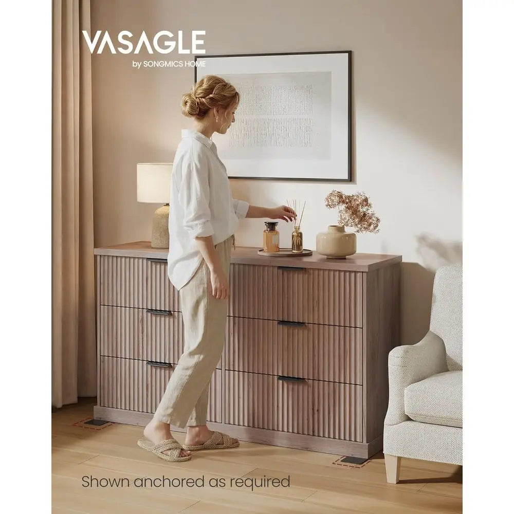 Cordoba Collection | Fluted Brass-Accented Walnut Six-Drawer Dresser - styled from an alternate angle revealing dimensional depth in a Mid-Century Modern bedroom setting.
