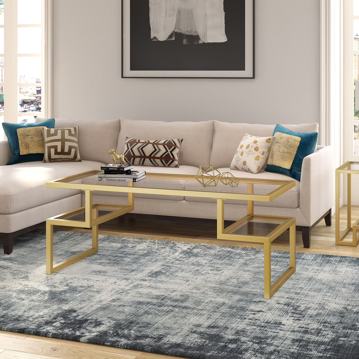 Zander 45" Wide Rectangular Coffee Table, Brass