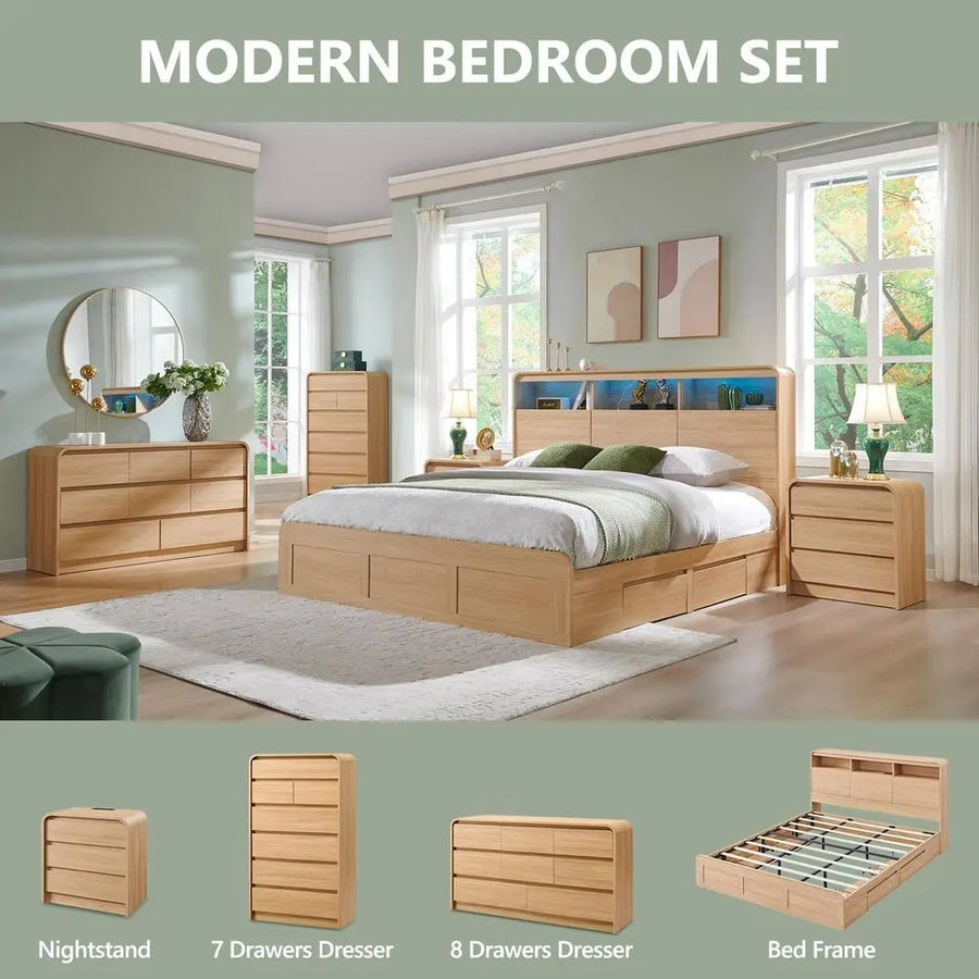 Dresden Collection | Sculptural Curved Curved Oak Dresser - showcasing full sculptural form and curated finish in a Mid-Century Modern bedroom setting.