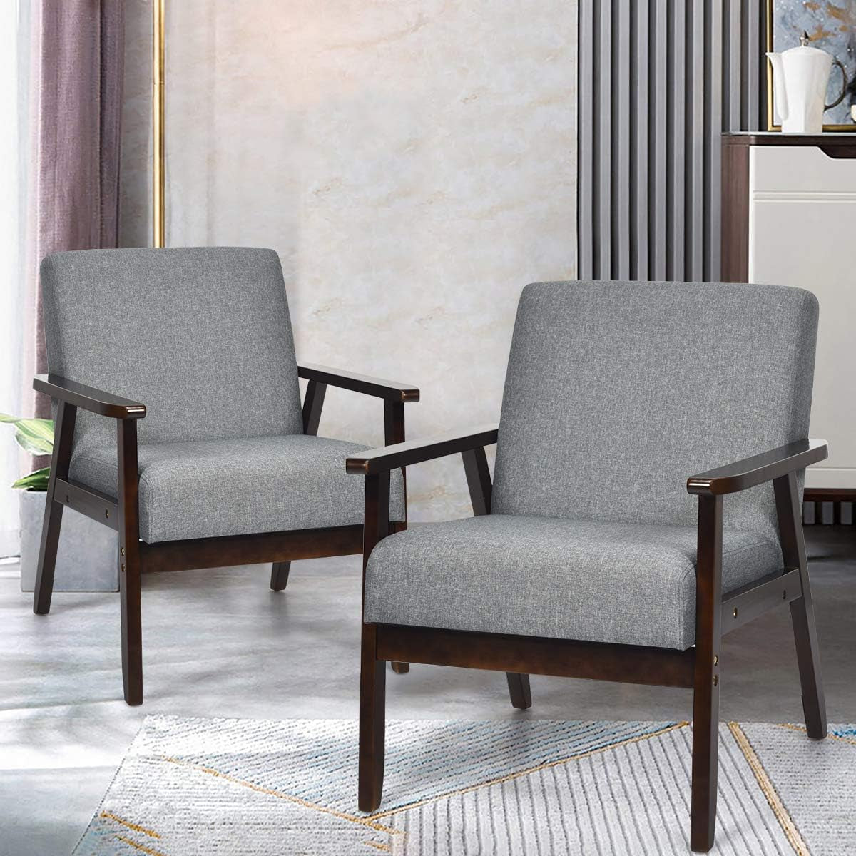 GIANTEX Mid-Century Modern Accent Chair, Retro Fabric Armchair, Solid Hardwood Made, Upholstered Linen Lounge Arm Chair for Living Room (1, Dark Grey)