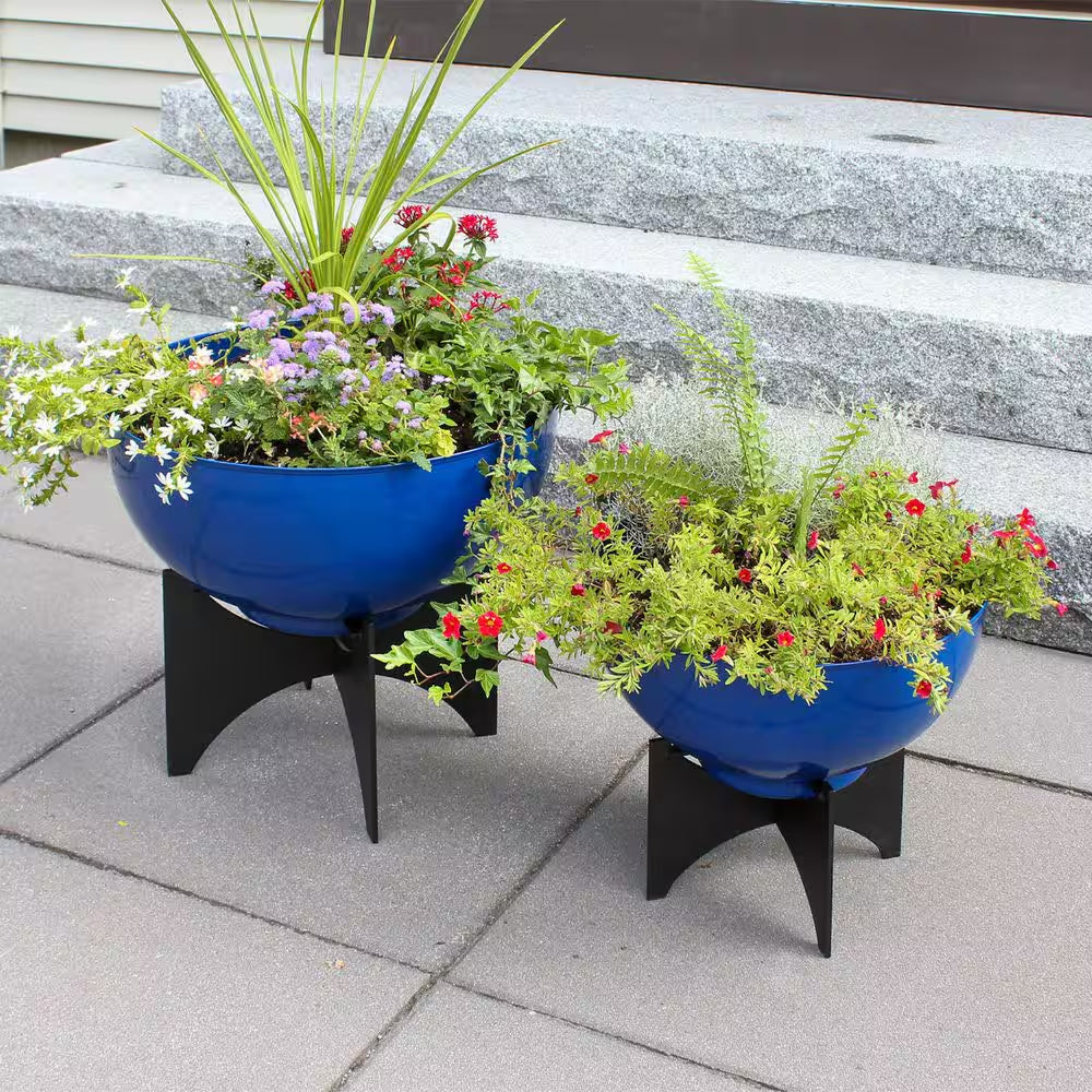 16In.W X 13.75In.H, round French Blue Galvanized Steel Planter Bowl W/Black Wrought Iron Plant Stand, Indoor Outdoor Use
