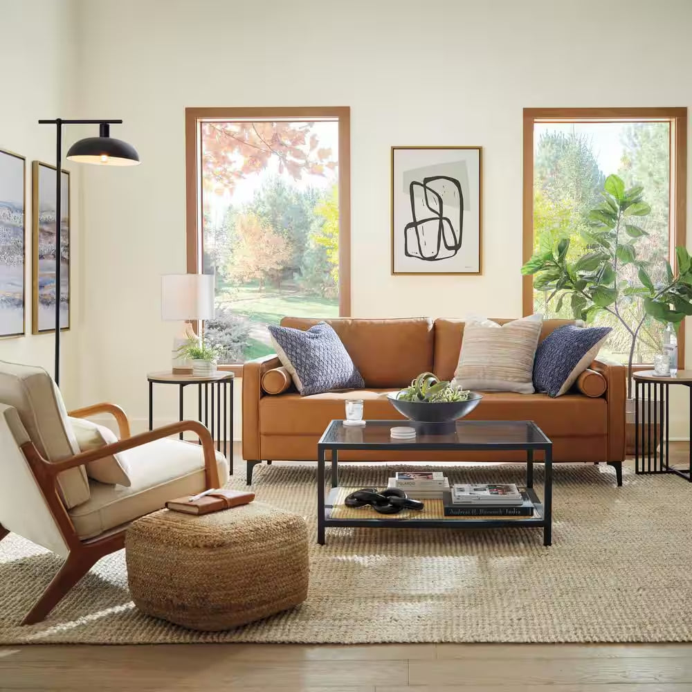 Goodwin 75.6 In. Square Arm Faux Leather Mid-Century Modern Sofa with Bolster Pillows in Caramel Brown