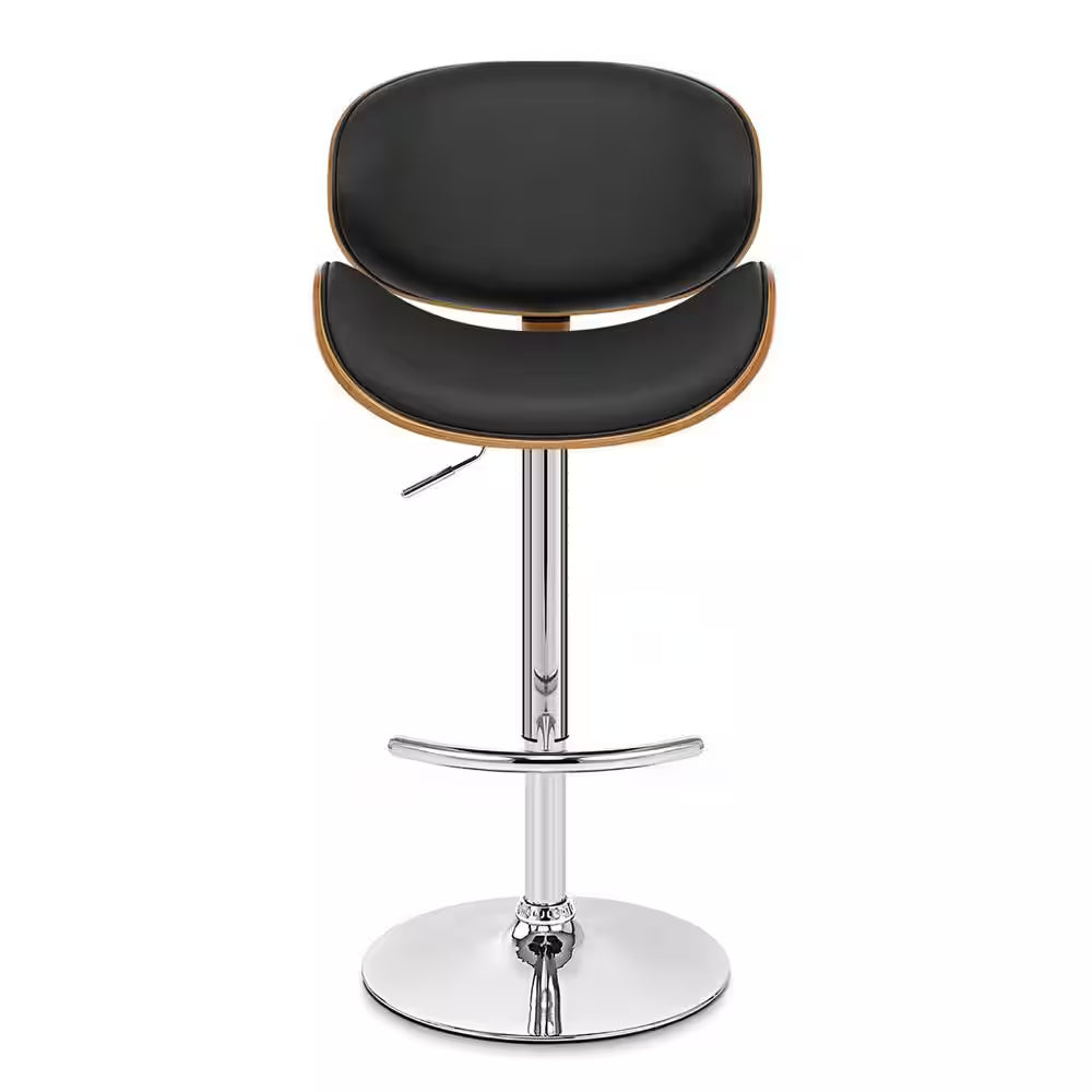 Naples Bar Stool in Chrome with Black Pu Upholstery and Walnut Veneer Back