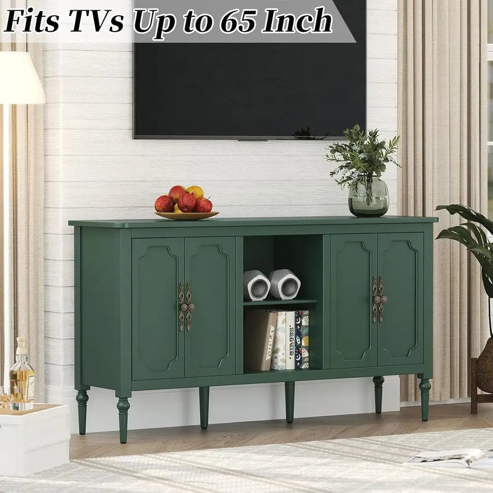 Belmont Collection | Geometric Brass-Accented Emerald Walnut Sideboard - captured in a curated lifestyle vignette in a Mid-Century Modern living room setting.
