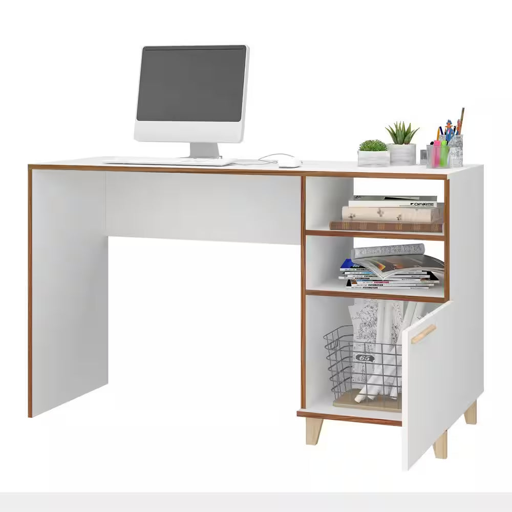 Minetta 53.14 In. Mid-Century Modern Rectangular White and Gold Composite Wood Office Desk with 2-Shelves