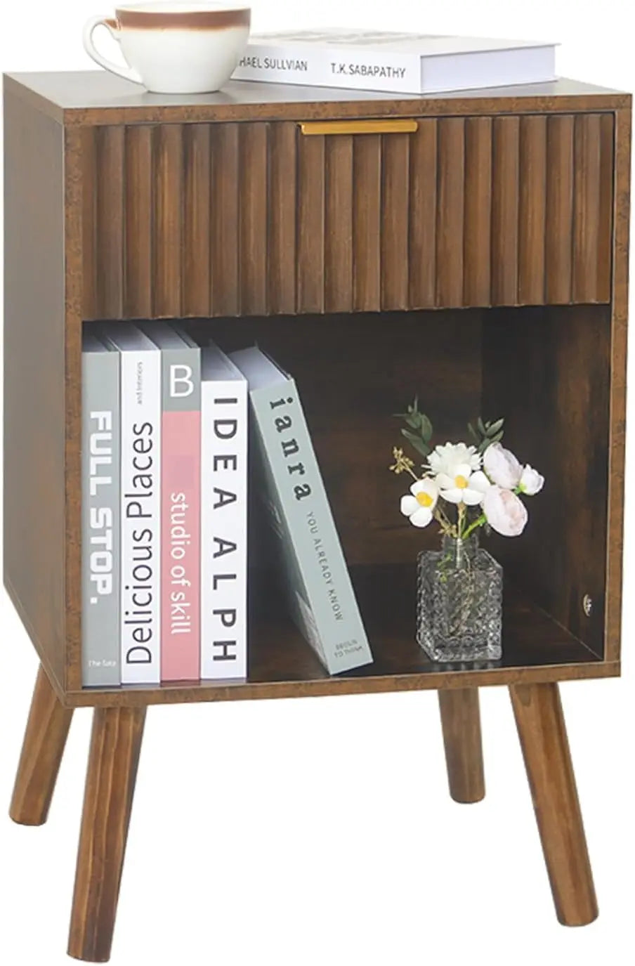 Dresden Collection | Nordic Fluted Walnut Nightstand - featuring close-up joinery and artisanal finish quality in a Mid-Century Modern bedroom setting.