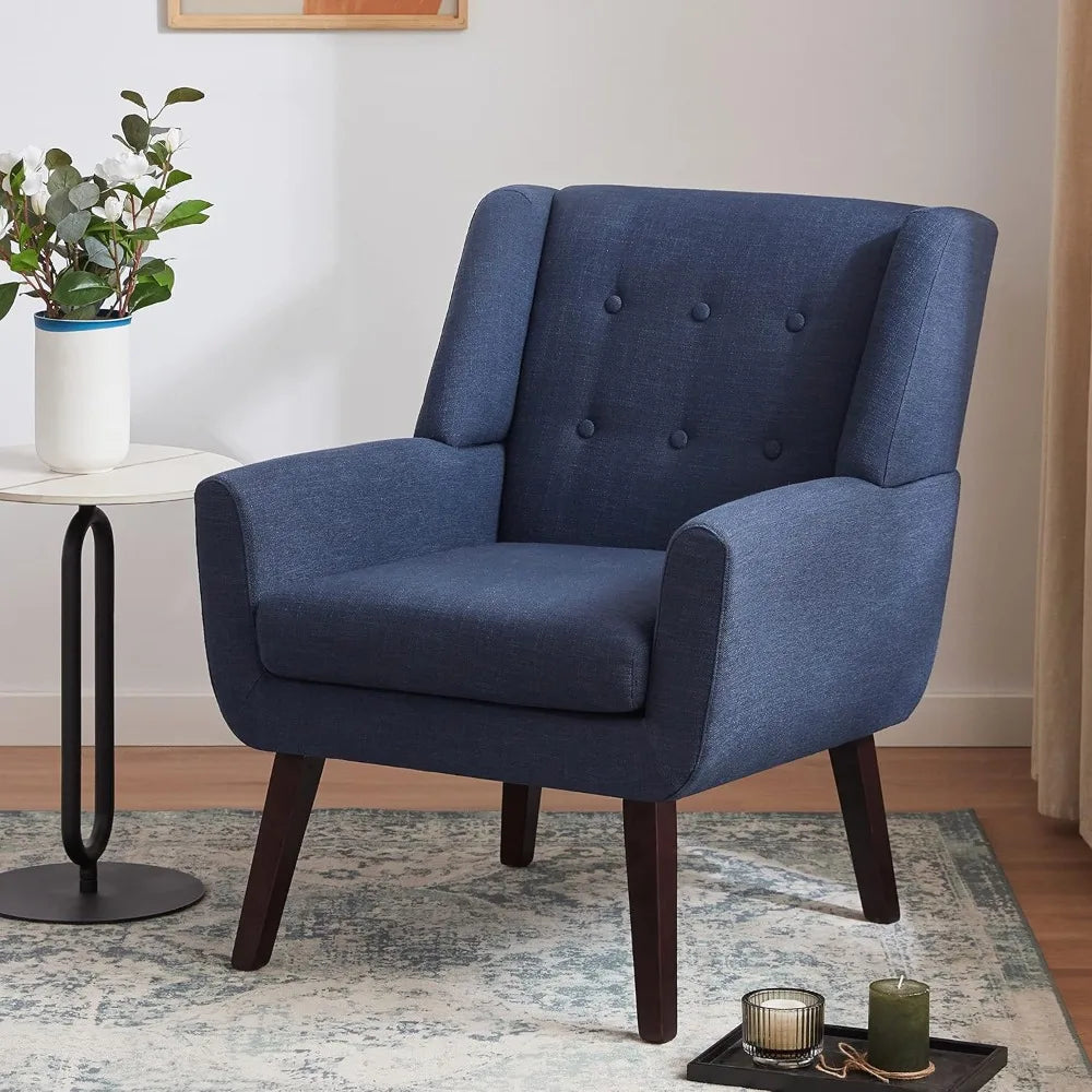 Fontaine Collection | Sculptural Atomic-Era Linen Tufted Accent Chair - presented at scale within a designed interior in a Mid-Century Modern living room setting.