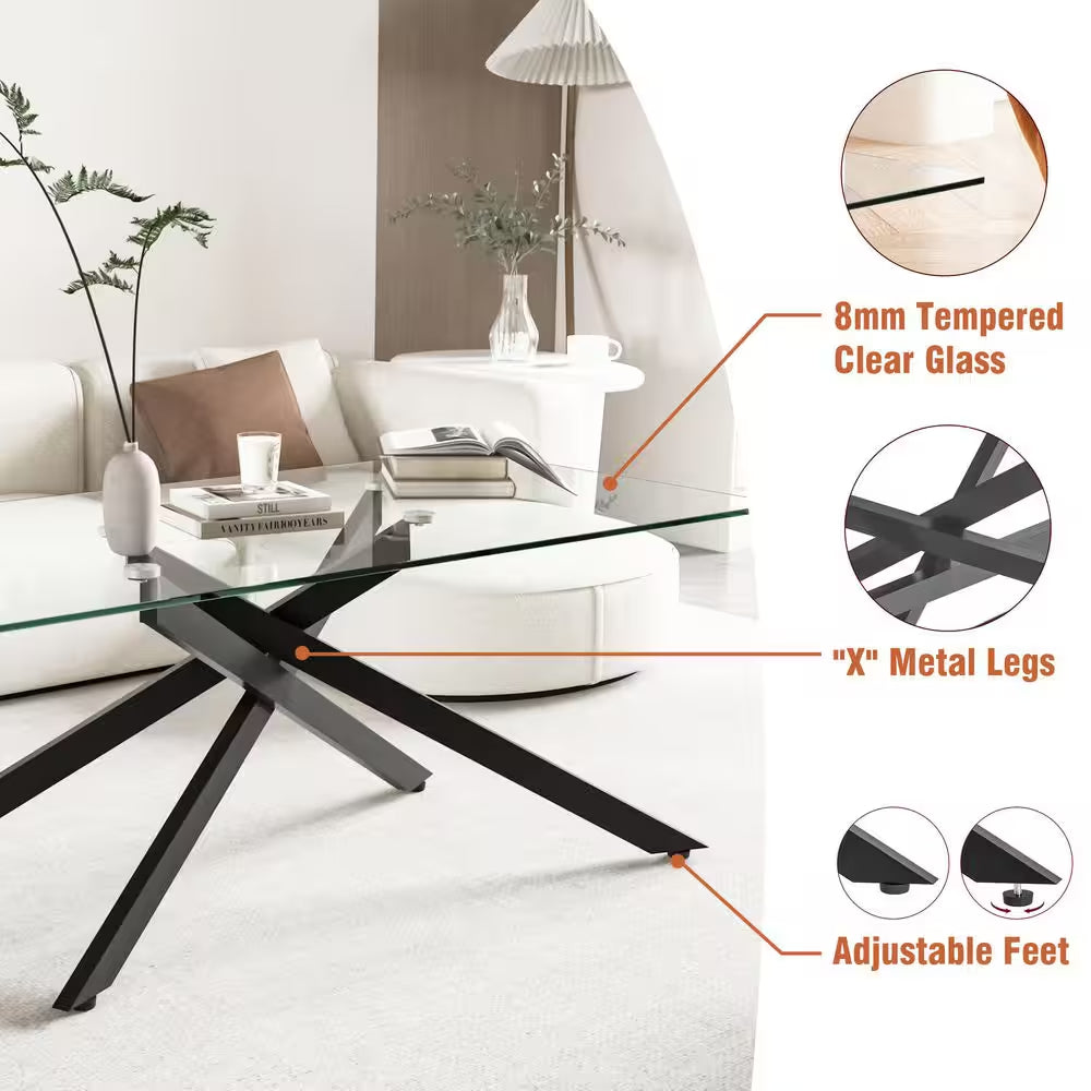 47.2 In. Rectangle Clear Tempered Glass Coffee Table with Black Metal Legs, Modern Living Room Accent Furniture