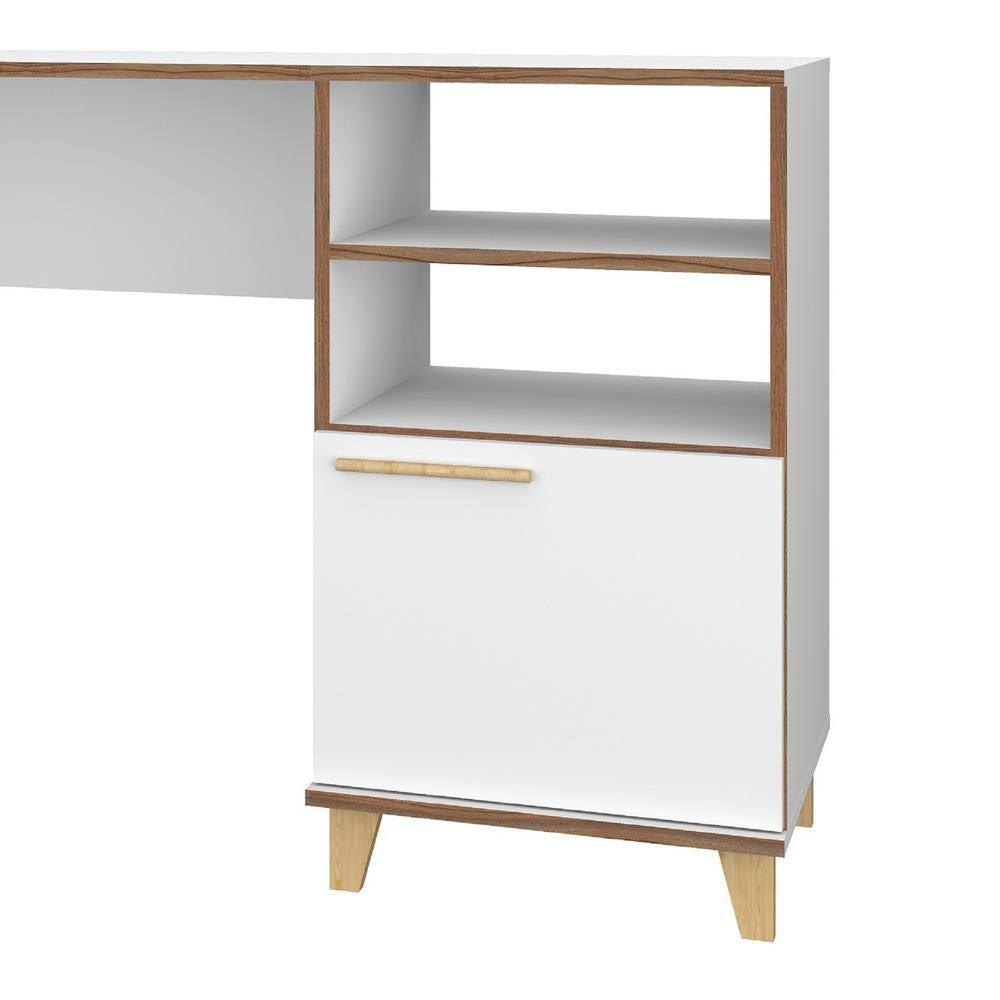 Minetta 53.14 In. Mid-Century Modern Rectangular White and Gold Composite Wood Office Desk with 2-Shelves