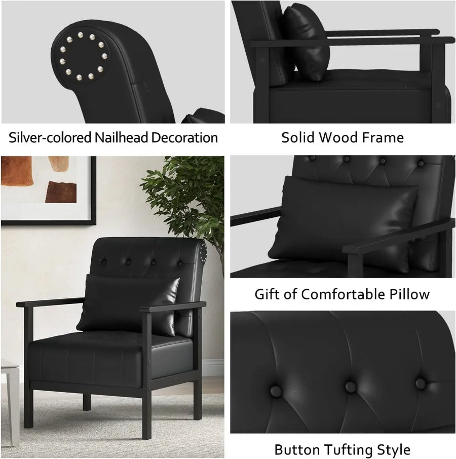 Ellington Collection | Floating Chrome-Detailed Obsidian Leather Accent Chair Set - showcasing full sculptural form and curated finish in a Mid-Century Modern living room setting.