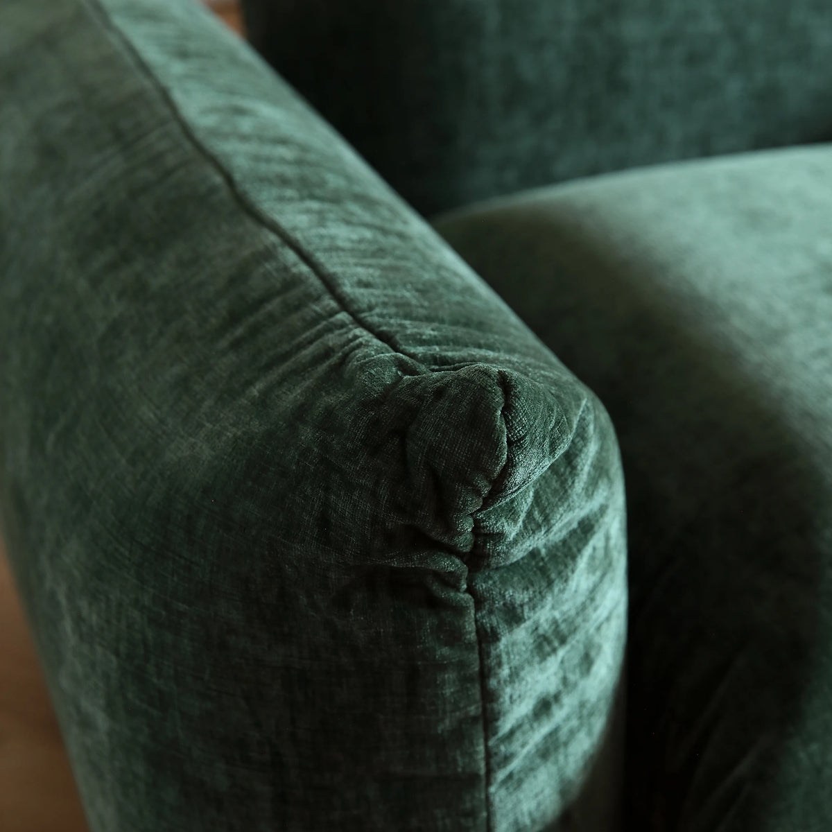 Valencia Collection | Gold-Trimmed Atomic-Era Chenille Accent Chair - framed in an editorial still-life composition in a Mid-Century Modern living room setting.