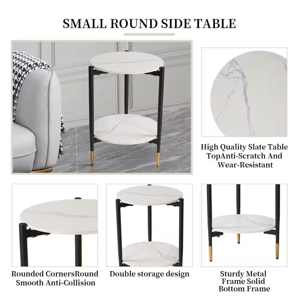 16.7 In. White round Slate Stone Coffee Table and Single Upholstered Armchair with 3 Pieces