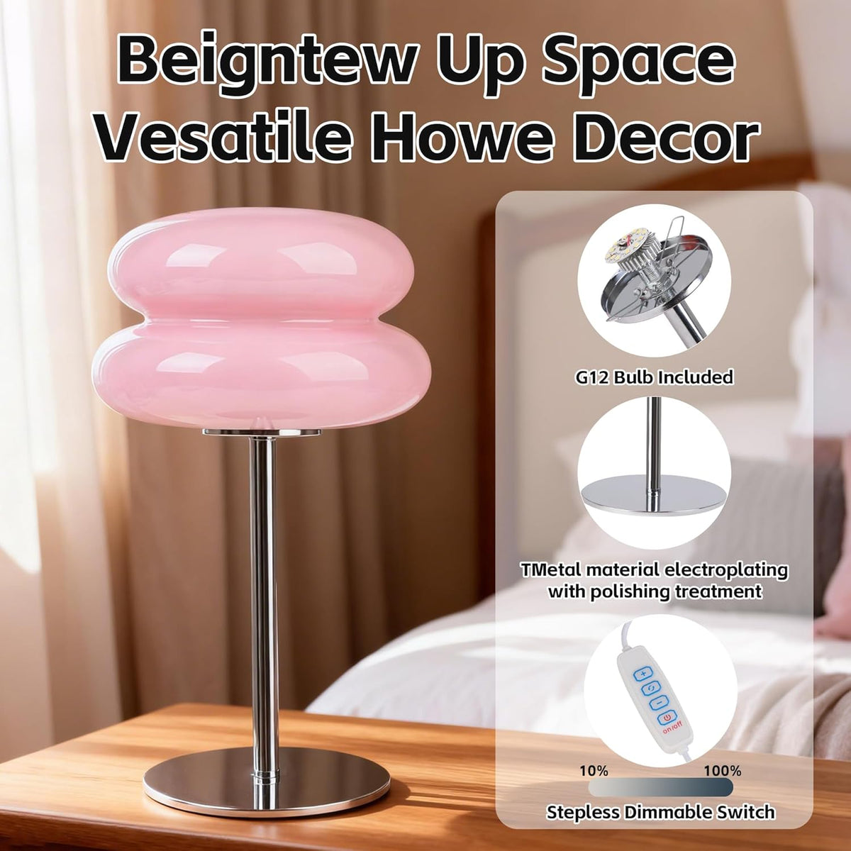 Table Lamp for Bedroom,Mid Century Modern Lamp for Nightstand, Dimmable Retro Egg Tart Bedside Small Lamps,Unique Home Mushroom Decor Aesthetic Cute Table Lamps Nightstand Lamp (Pink)
