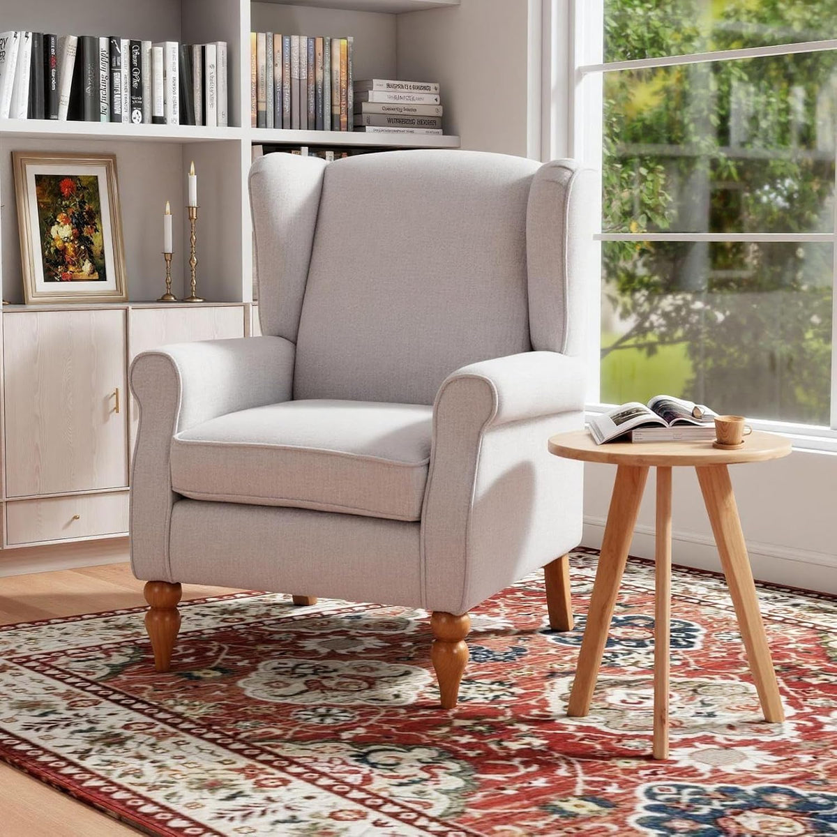 High Wingback Chairs with Table - Midcentury Modern Accent Chair for Living Room, Upholstered Armchair with Solid Legs, Light Grey Living Room Chairs for Living Room, Bedroom, Balcony