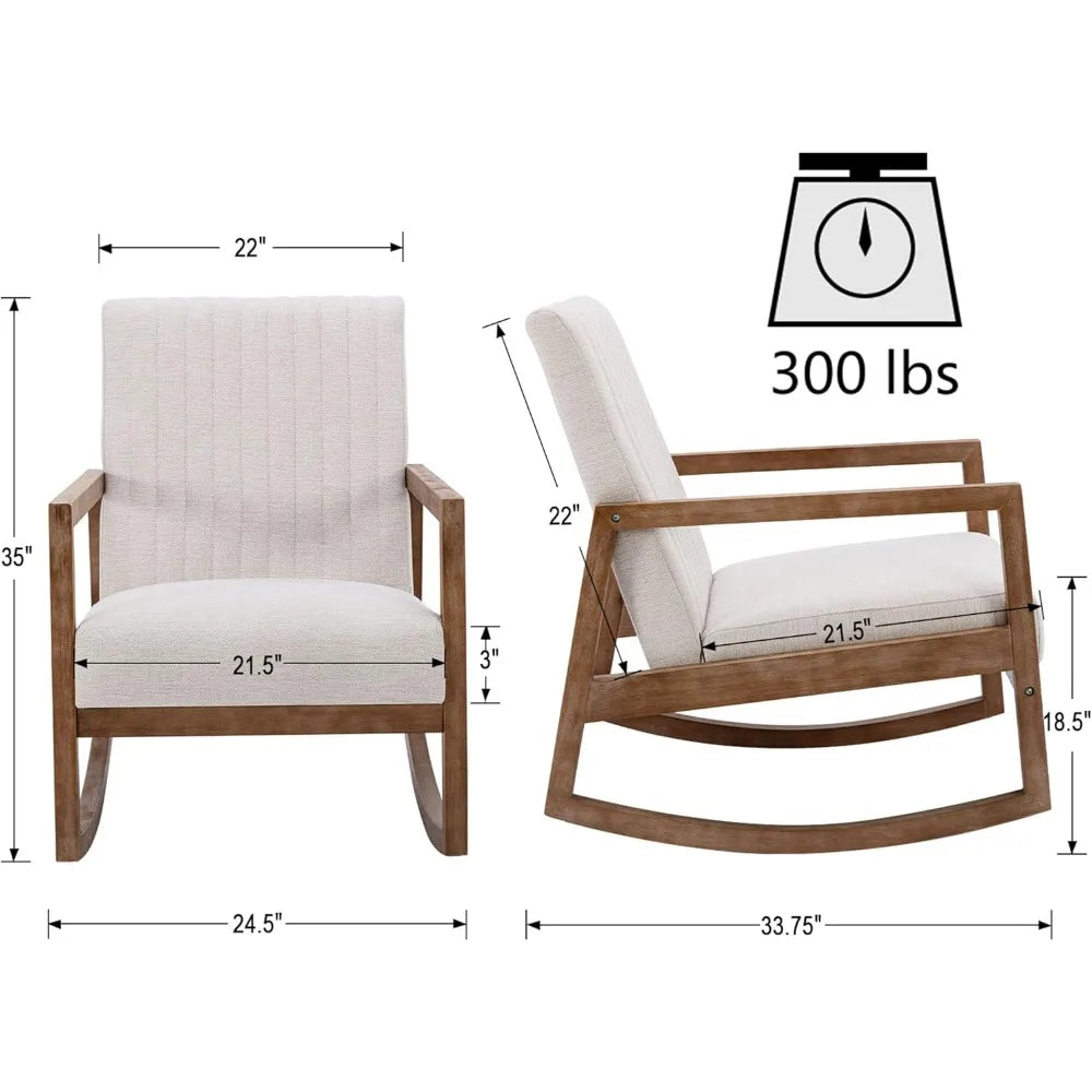 Mid-Century Modern Upholstered Linen Rocking Chair with Light Walnut Frame