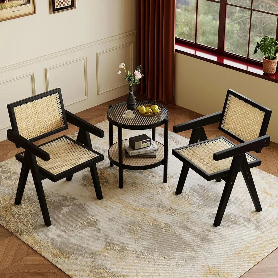 Dresden Collection | Geometric Rattan-Woven Black Rattan Dining Chairs - showcasing full sculptural form and curated finish in a Mid-Century Modern dining room setting.