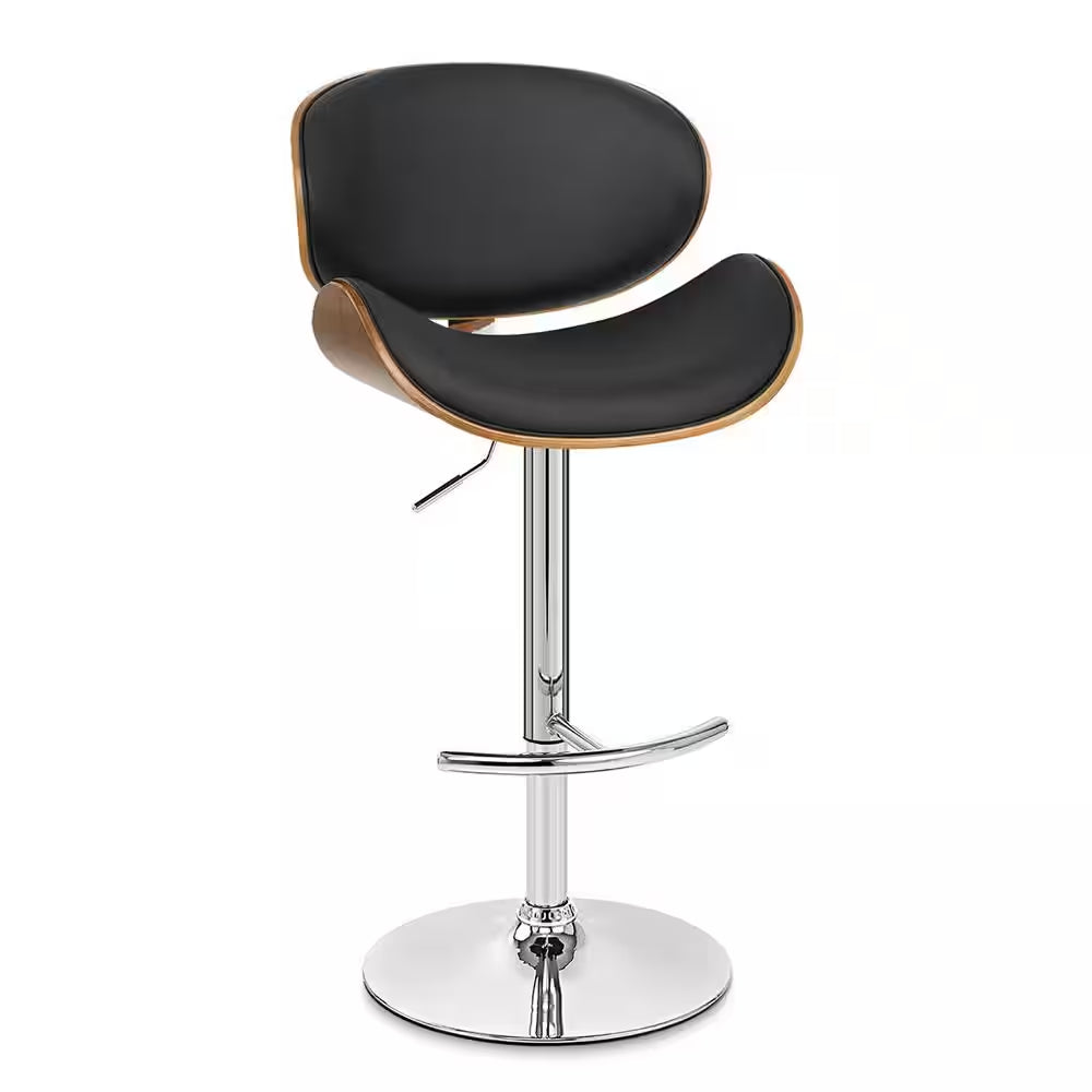 Naples Bar Stool in Chrome with Black Pu Upholstery and Walnut Veneer Back